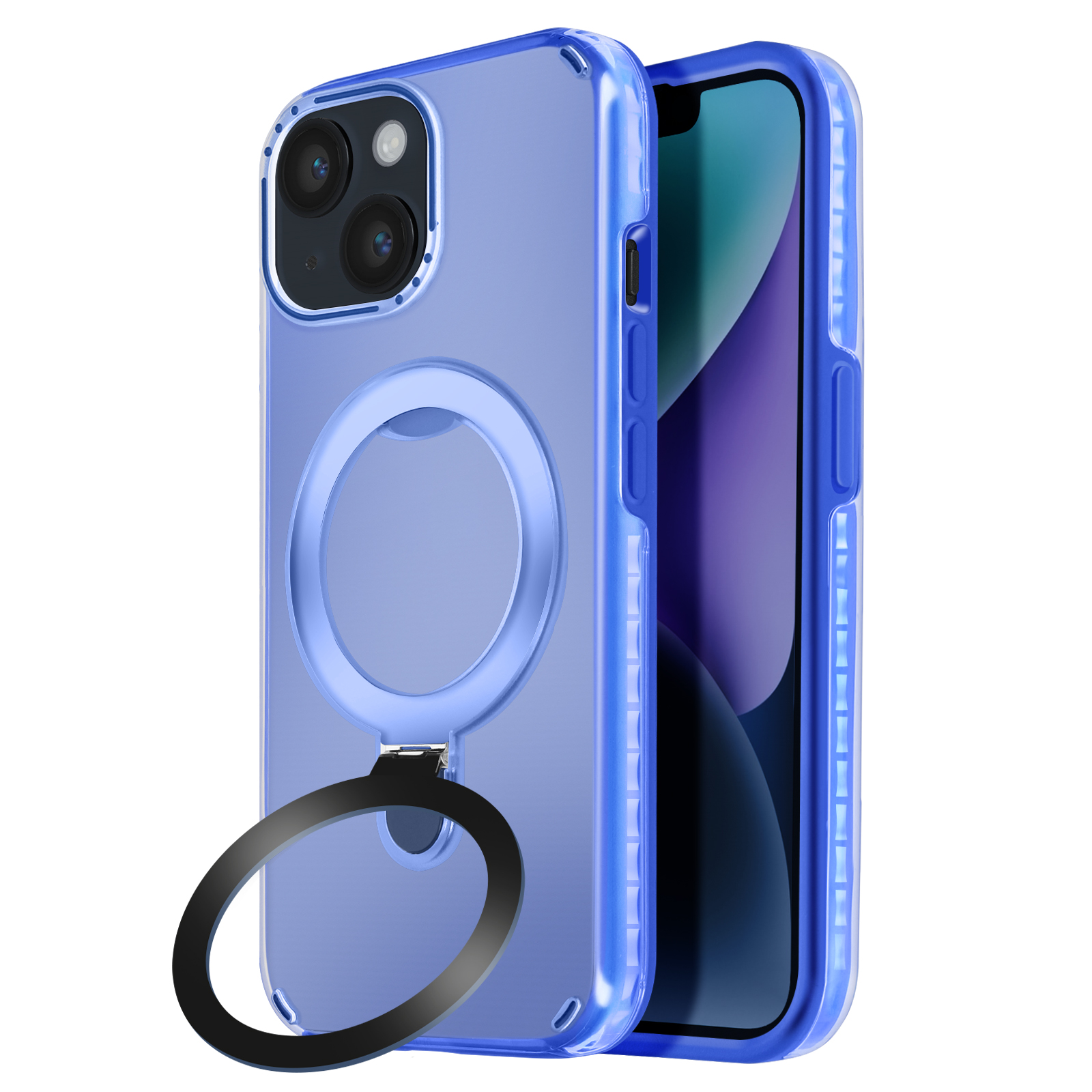 Una custodia blu per telefono con un supporto ad anello e un telefono all'interno, su sfondo azzurro.