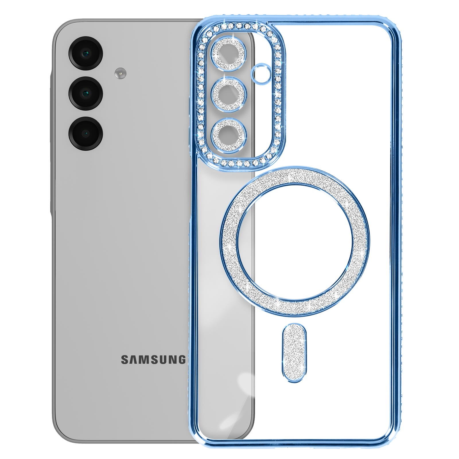 Telefono e custodia con bordo blu, diamanti e cerchio di ricarica bianco.