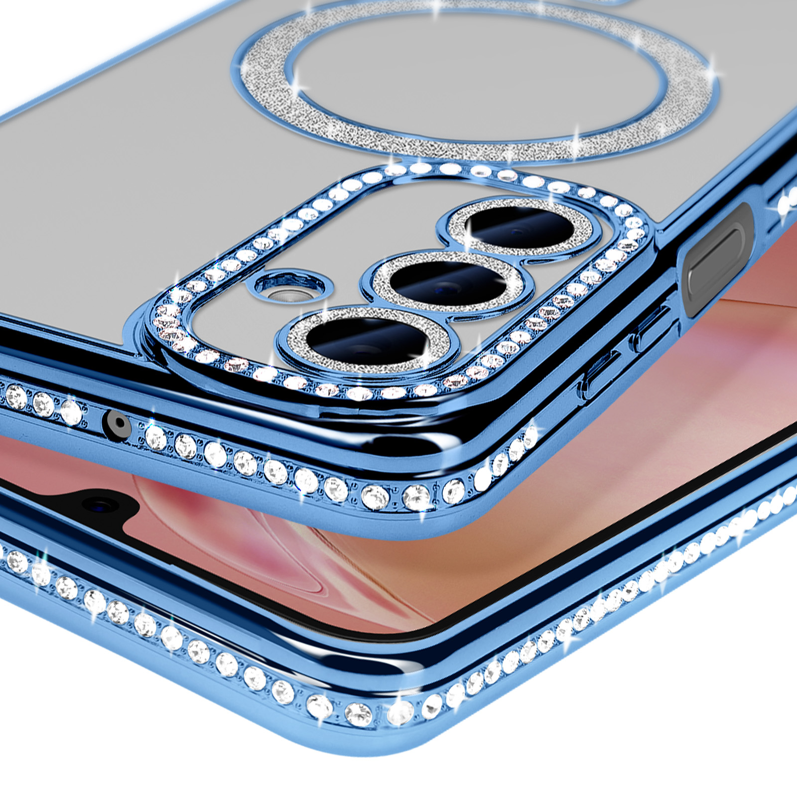 Primo piano di una custodia per telefono con diamanti attorno agli obiettivi della fotocamera.