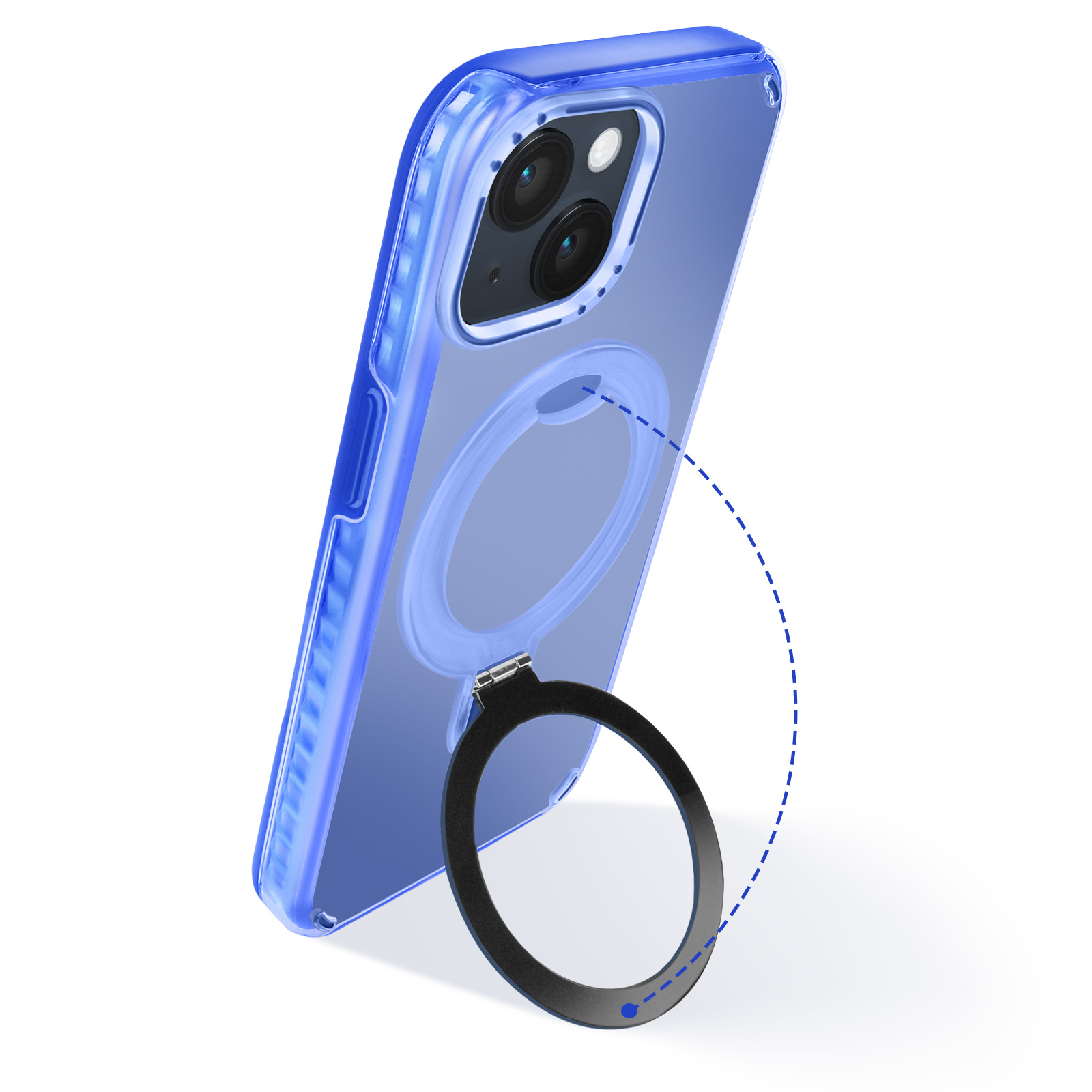 Custodia blu con supporto ad anello staccato, che mostra l'anello.