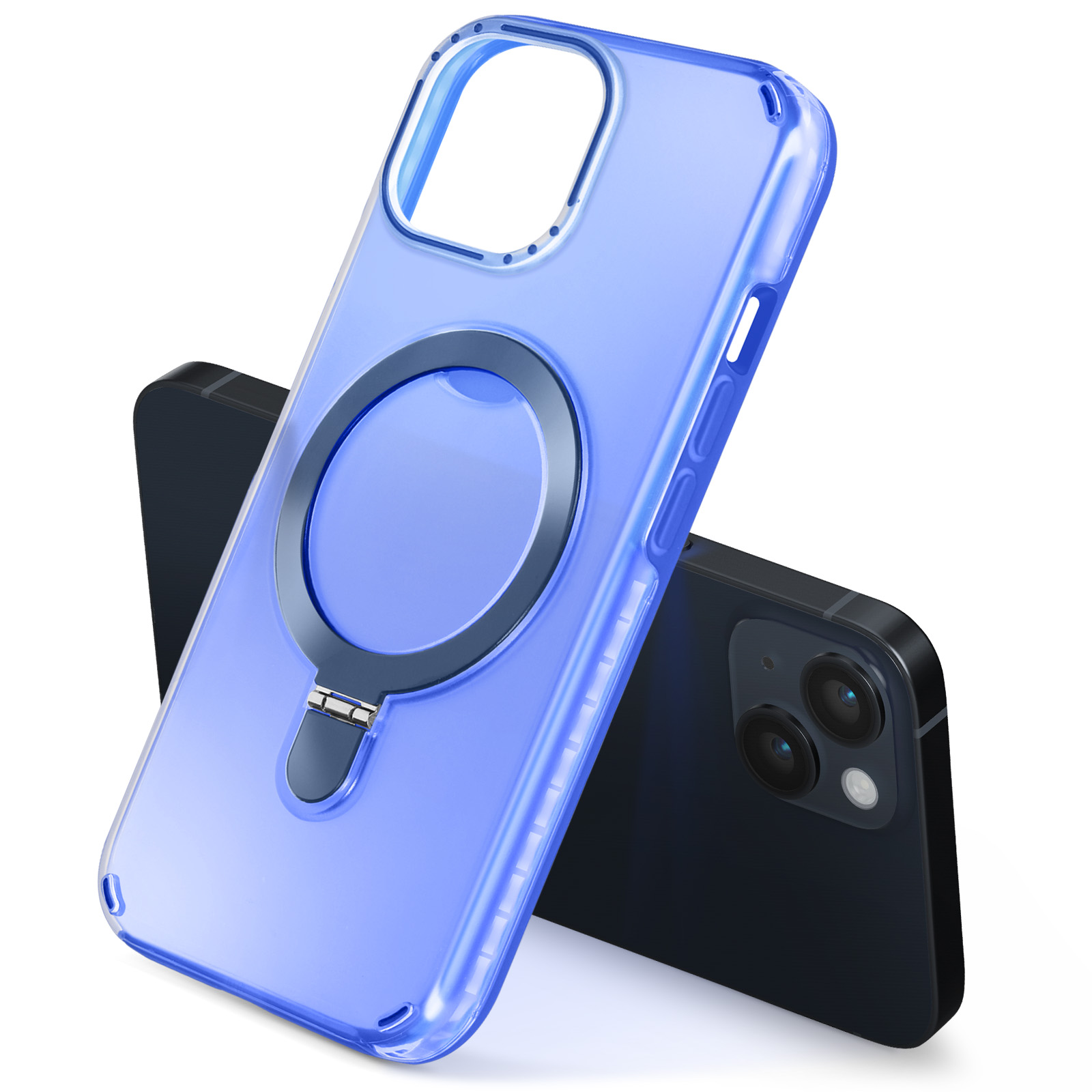 Custodia blu con supporto ad anello e telefono nero.
