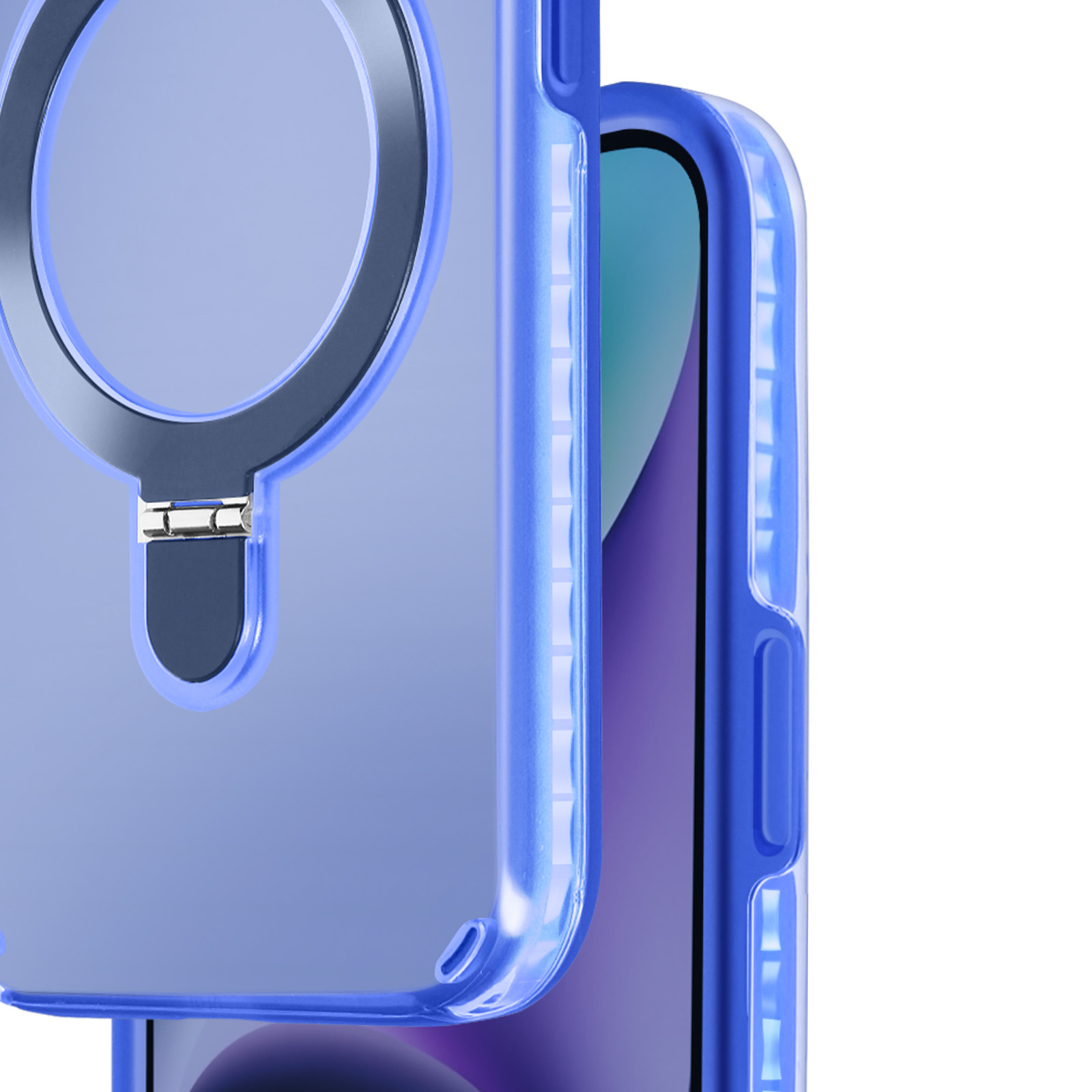 Primo piano di una custodia blu con supporto ad anello e telefono.