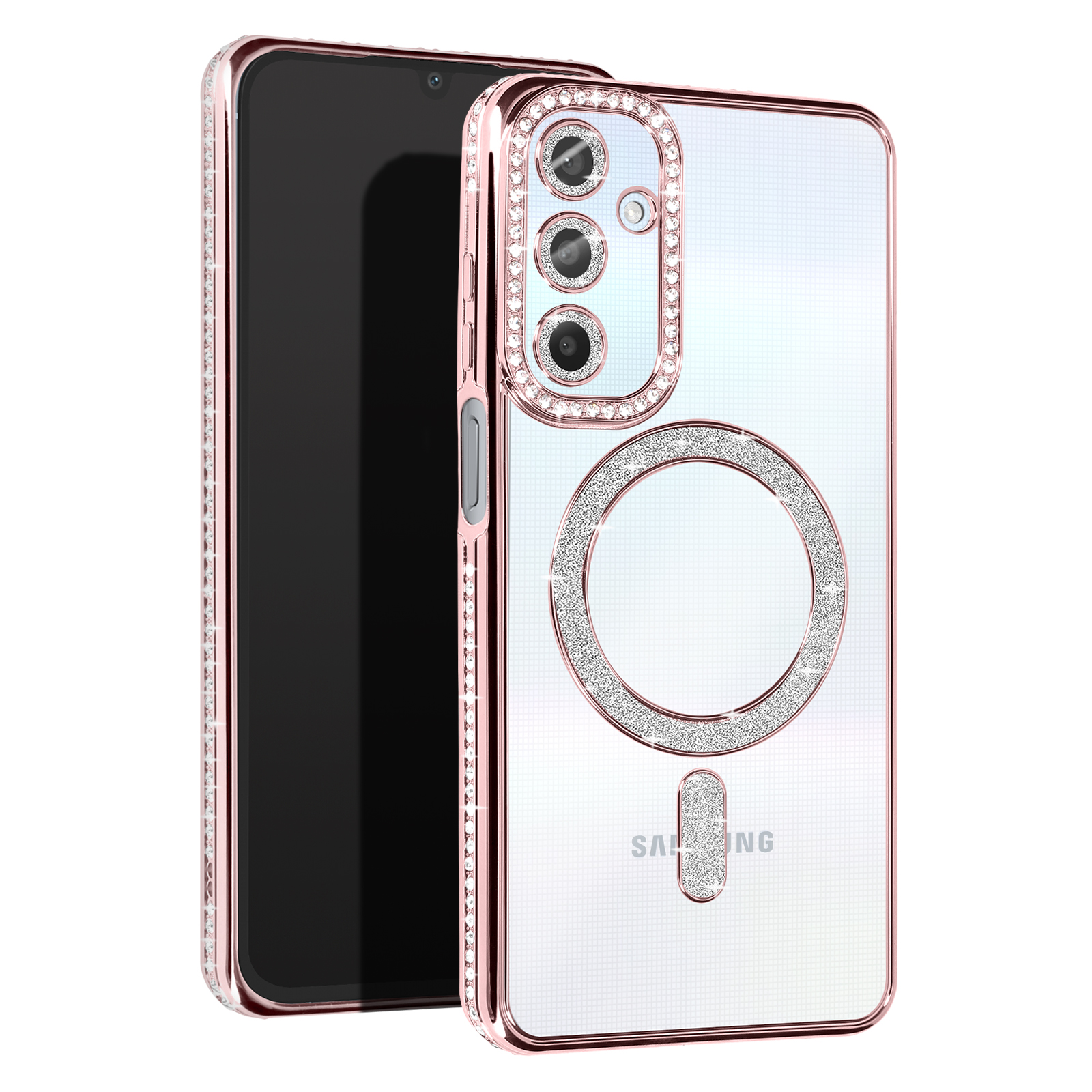 Telefono e custodia; custodia rosa con diamanti, cerchio di ricarica bianco e telefono.