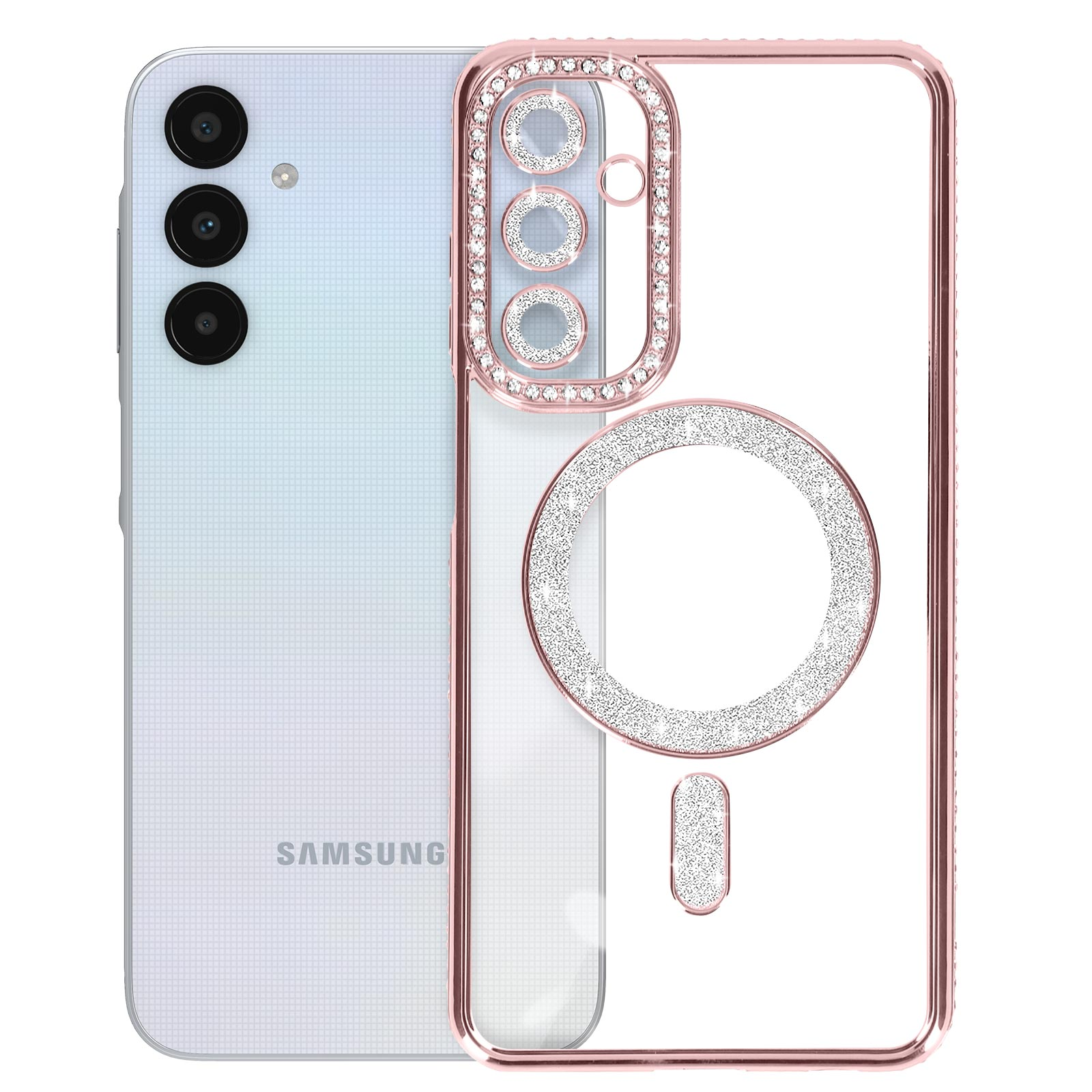 Telefono e custodia; custodia rosa con diamanti, cerchio di ricarica bianco e telefono.
