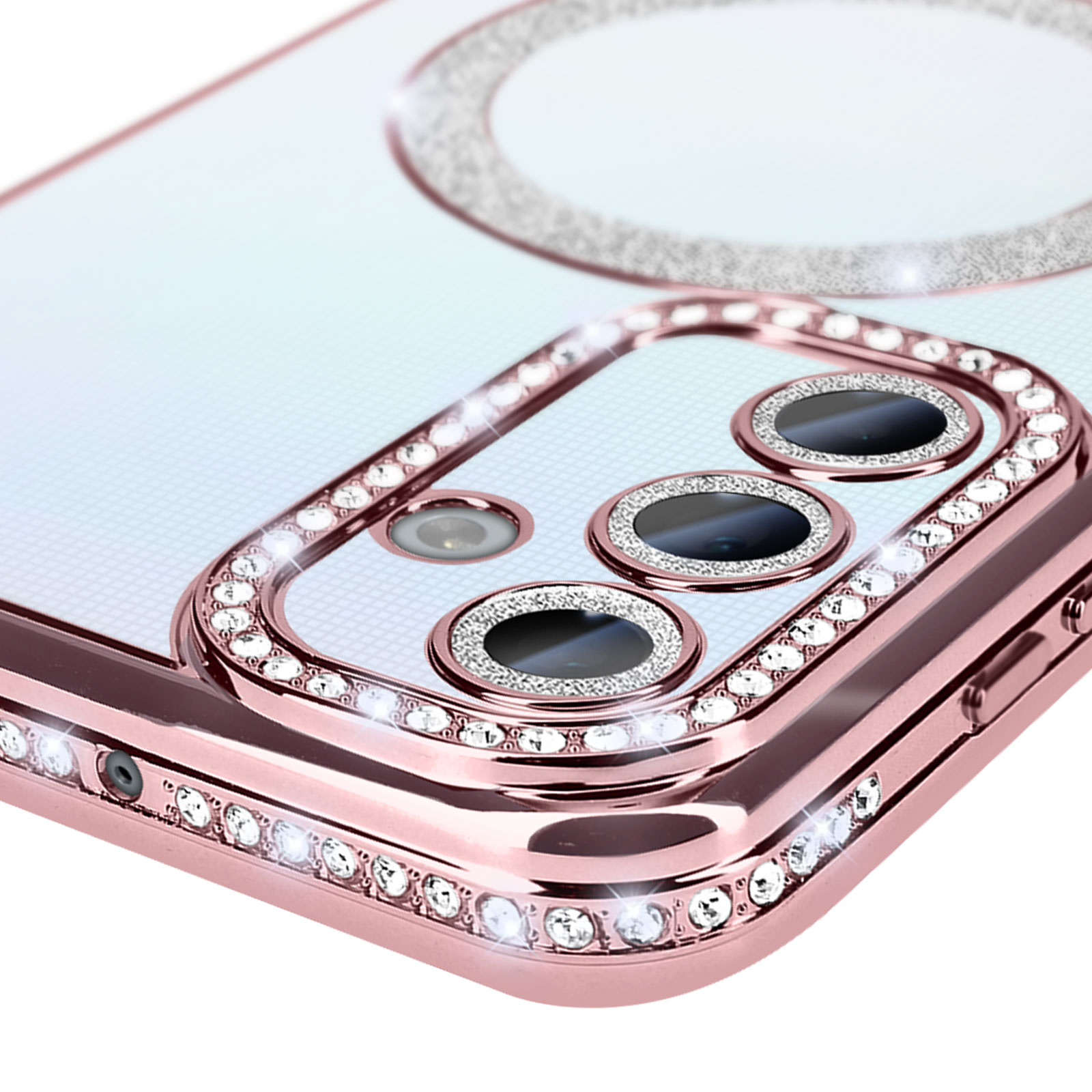 Primo piano di una custodia per telefono oro rosa con strass, che mostra fotocamera e dettagli.