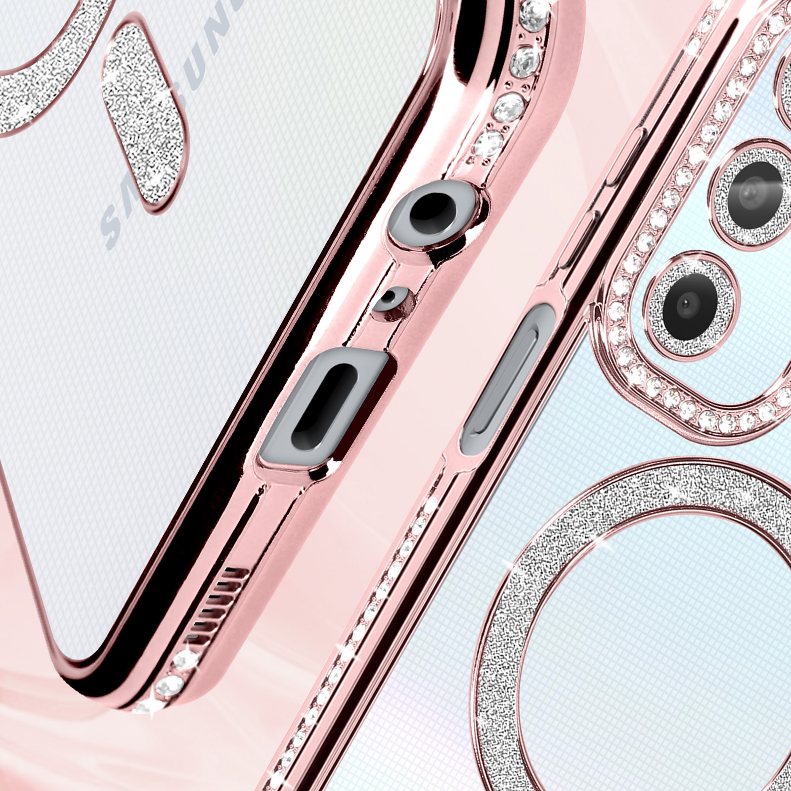 Primo piano di una custodia per telefono oro rosa con strass. Pulsanti e fotocamera visibili.