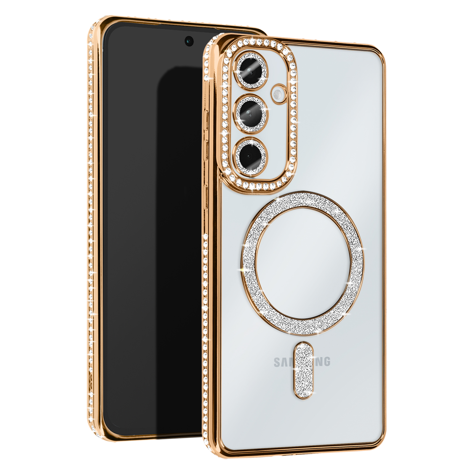 Telefono e custodia; custodia dorata con diamanti, cerchio di ricarica bianco e telefono.