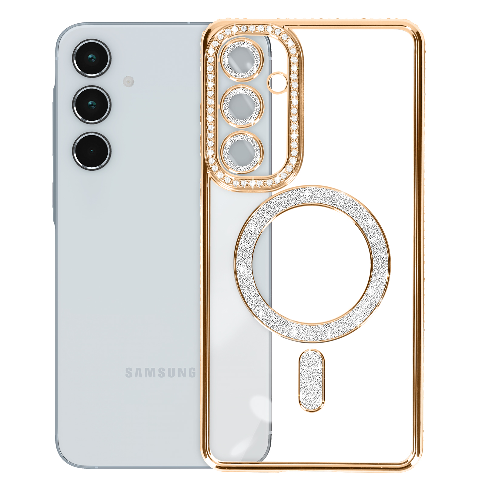 Telefono Samsung argento con custodia dorata e diamantata. La custodia ha un anello e un contorno.
