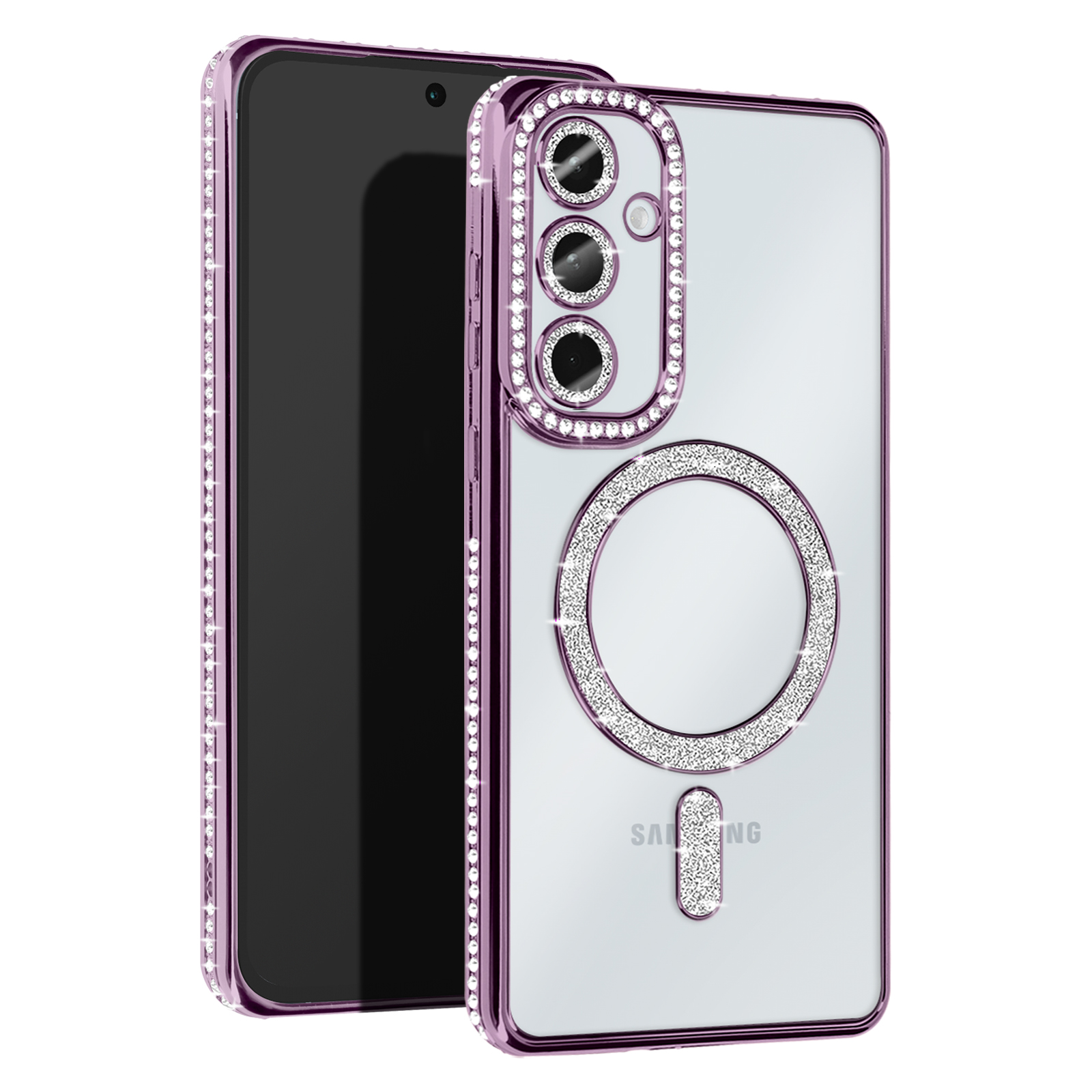 Un telefono Samsung con una custodia rosa e diamantata. Ha un anello e un contorno diamantato.