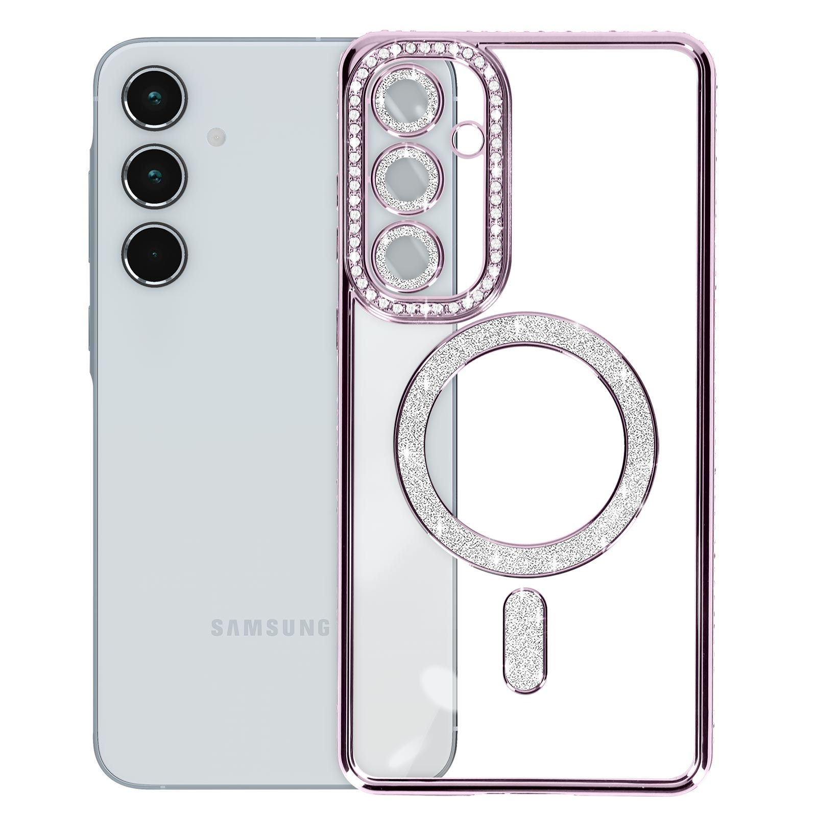 Un telefono Samsung e una custodia per telefono oro rosa con strass.