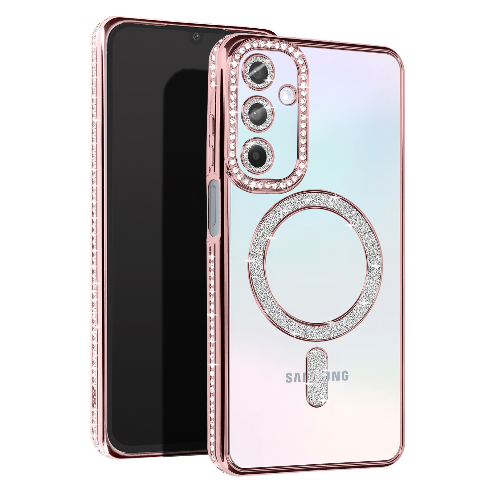 Custodia per telefono con strass, un telefono Samsung e sfondo bianco.