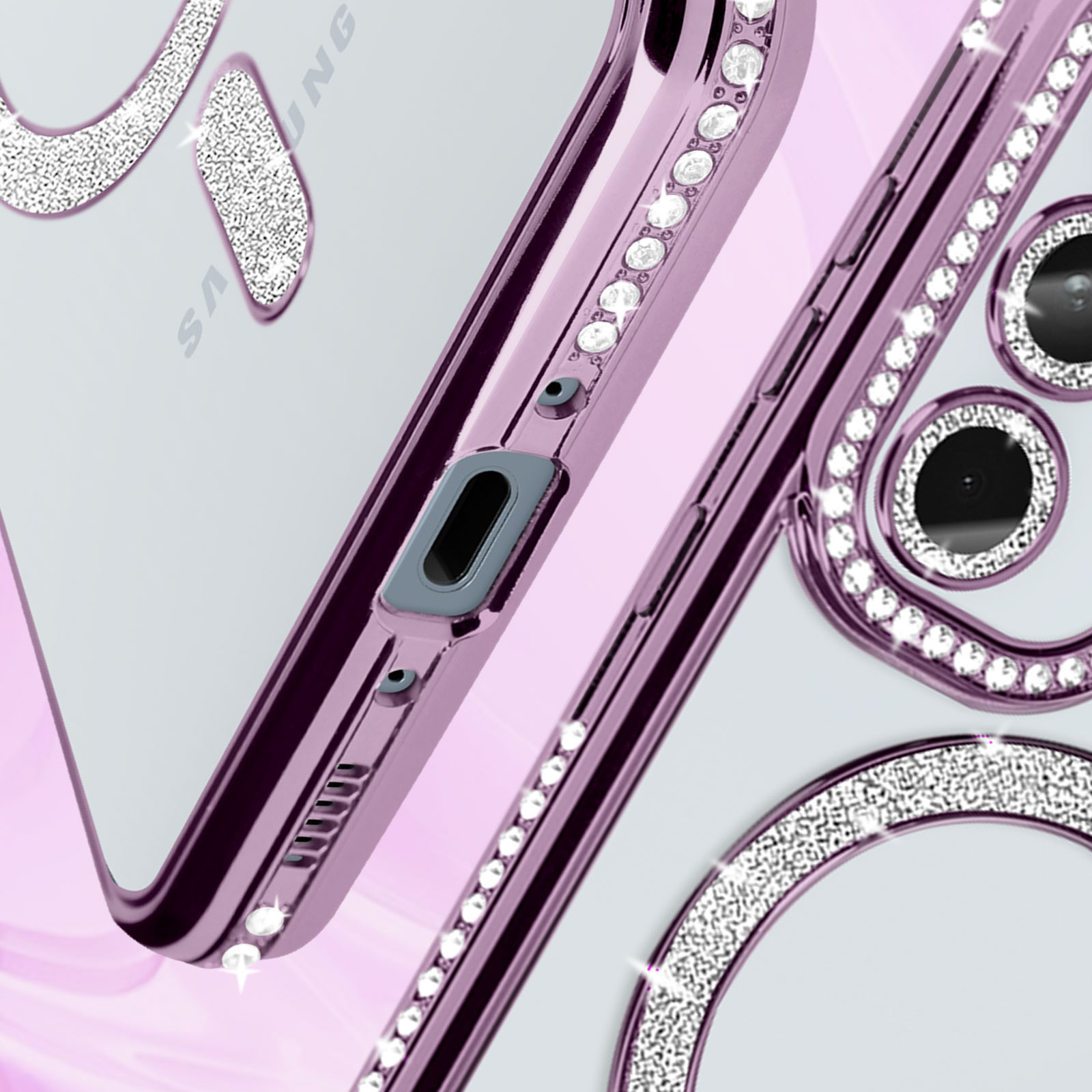 Primo piano di una custodia per telefono con strass e il logo Samsung.