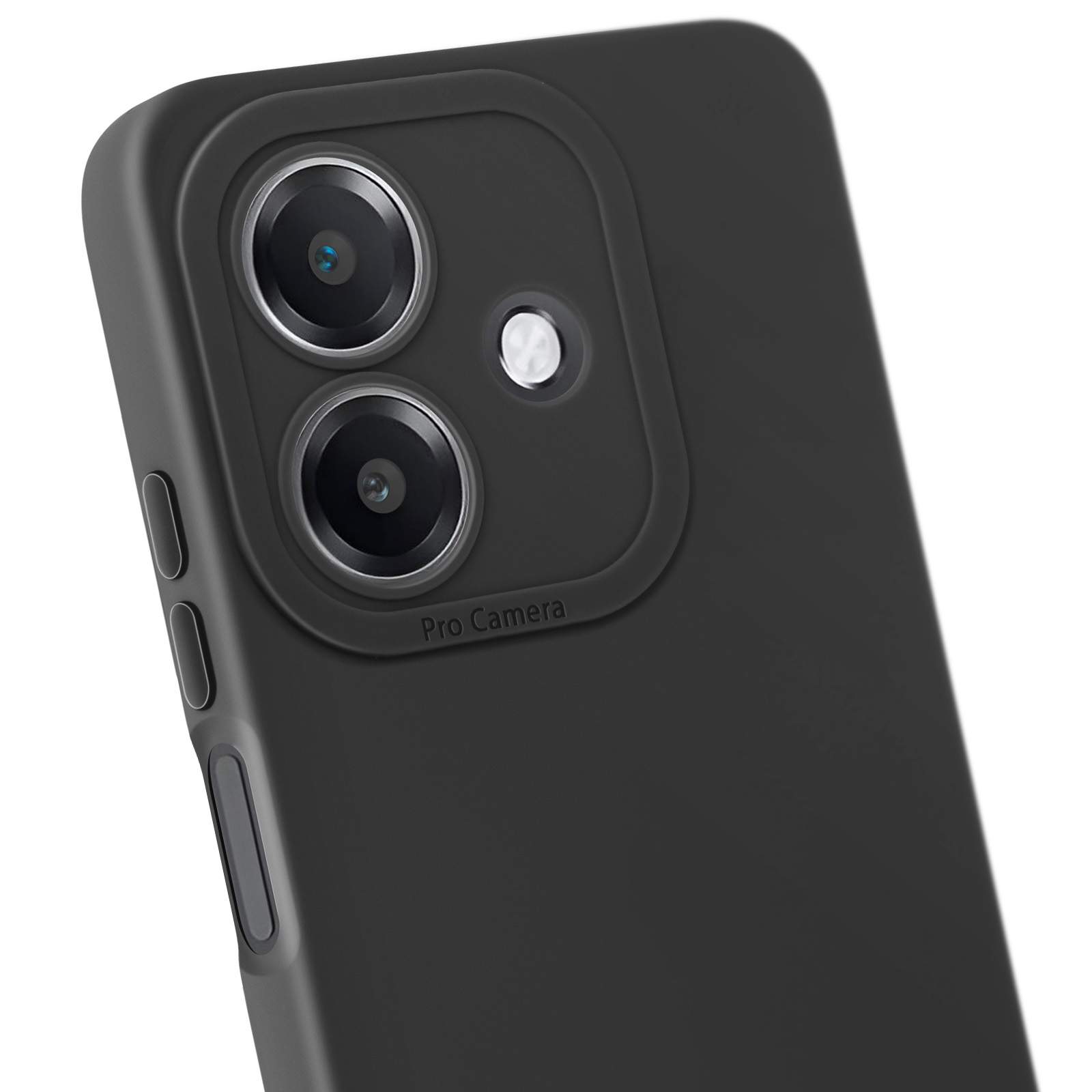 Telefono nero con un rialzo della fotocamera nero con scritto 'Pro Camera'.