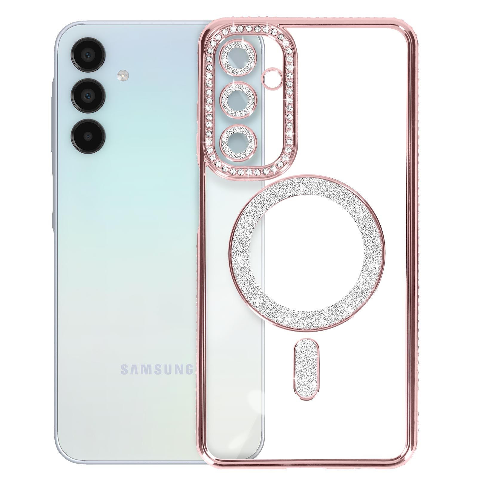 Un telefono Samsung con una custodia oro rosa con strass.