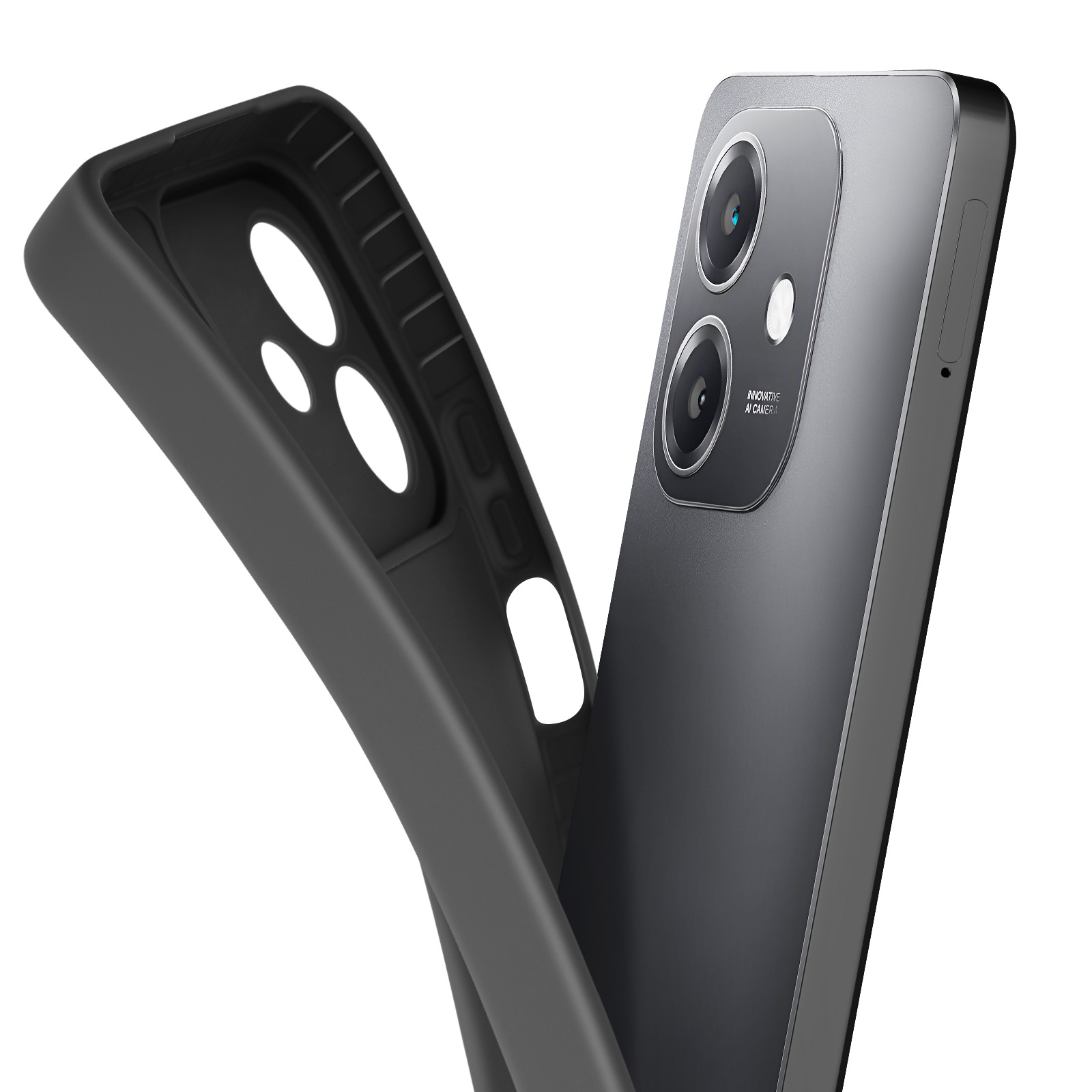 Telefono nero e una custodia per telefono nera aperta.