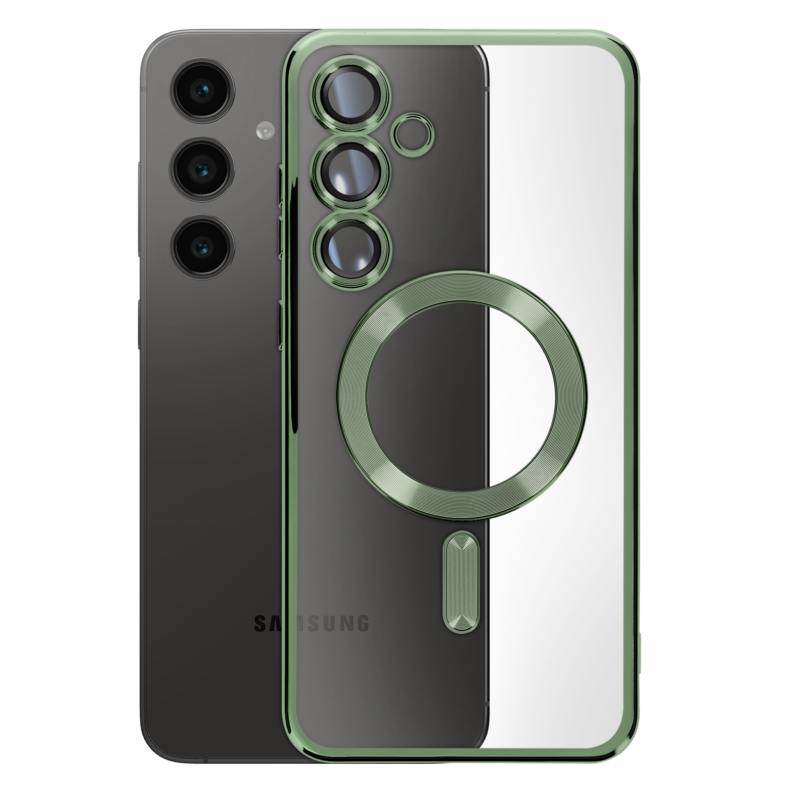 Un telefono Samsung e custodia con accenti verdi.
