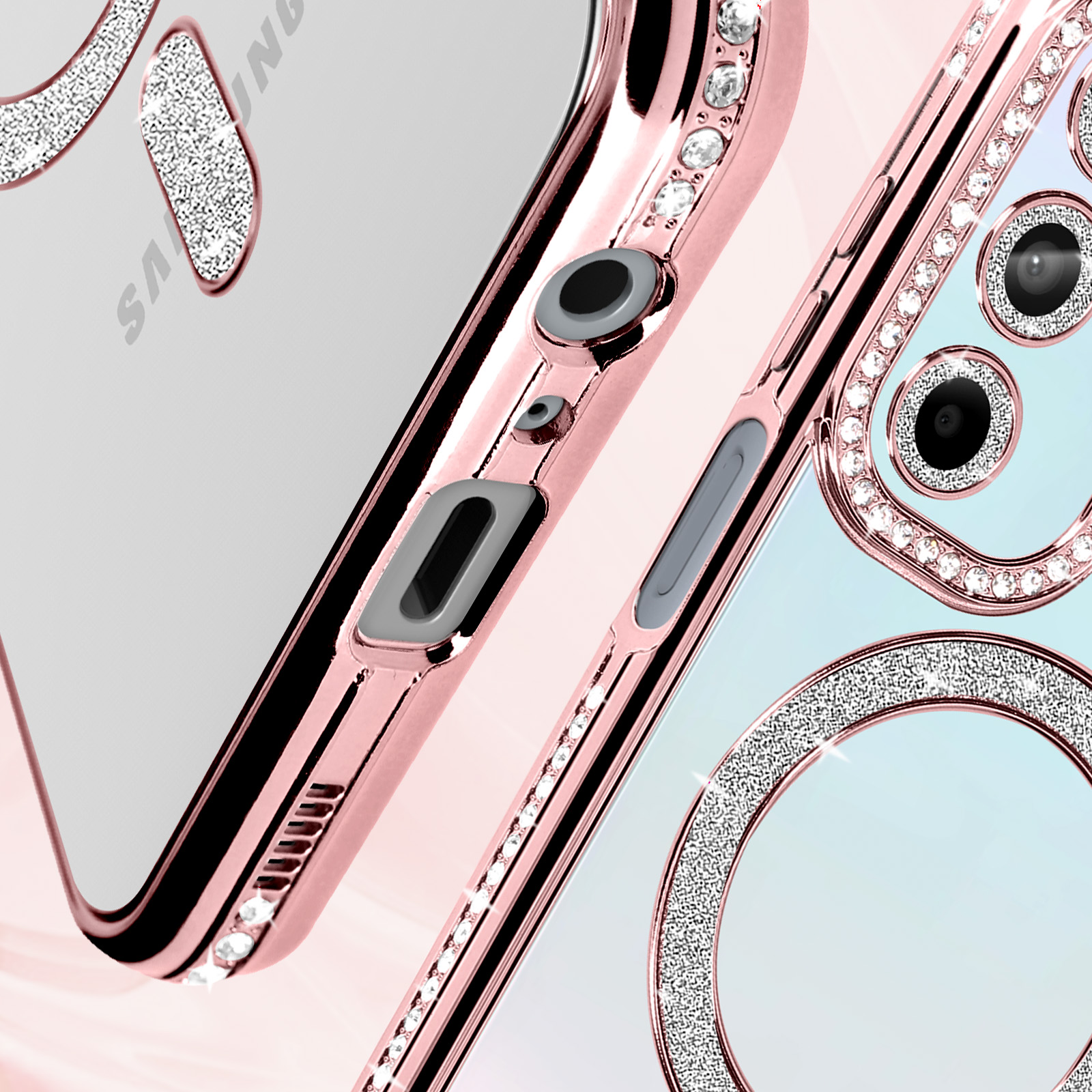 Primo piano di un telefono con custodia rosa. Ha pulsanti e un design a diamante.