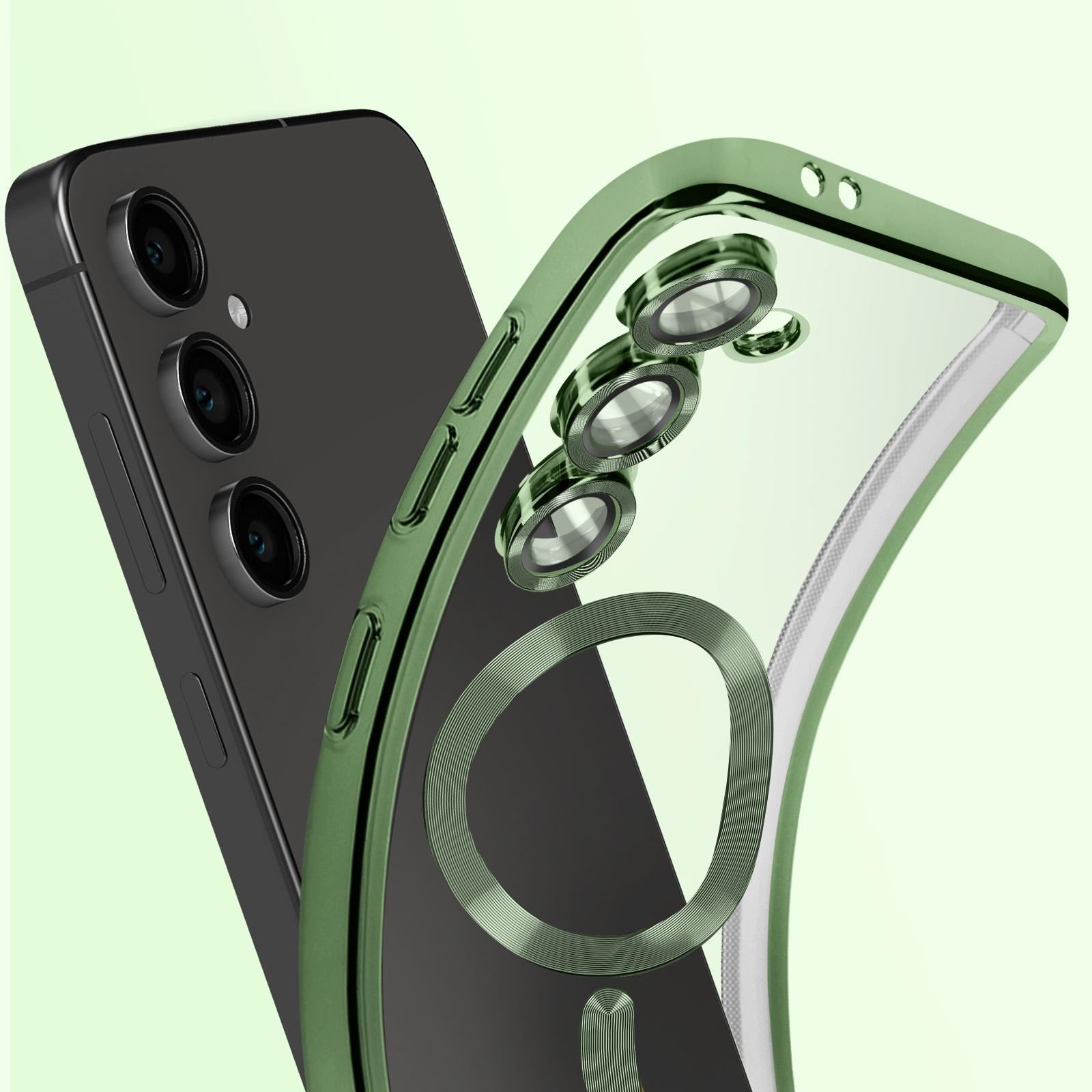 Custodia verde attorno a un telefono nero. Ha un anello e un contorno a linea.