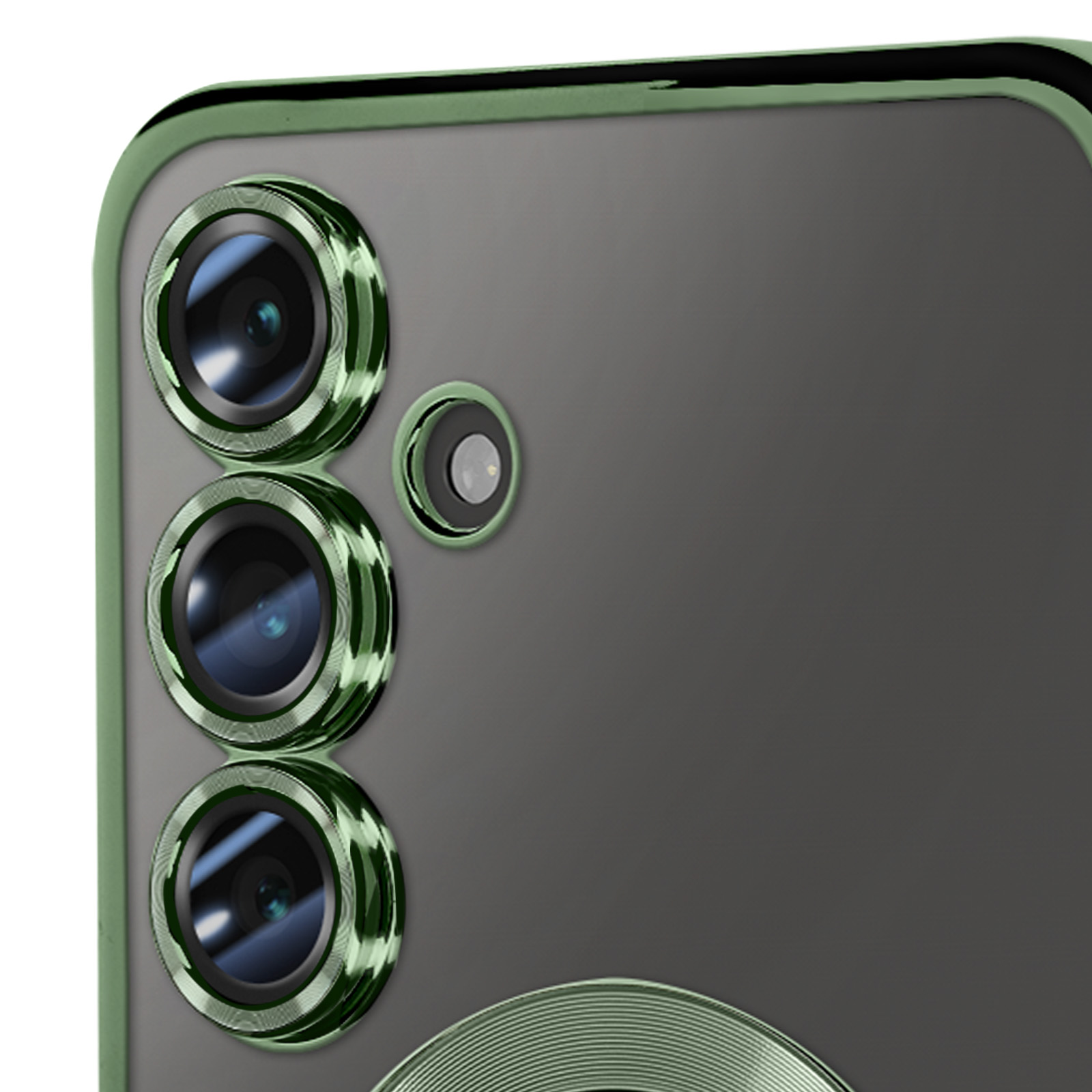 Primo piano di una fotocamera del telefono con accenti verdi.