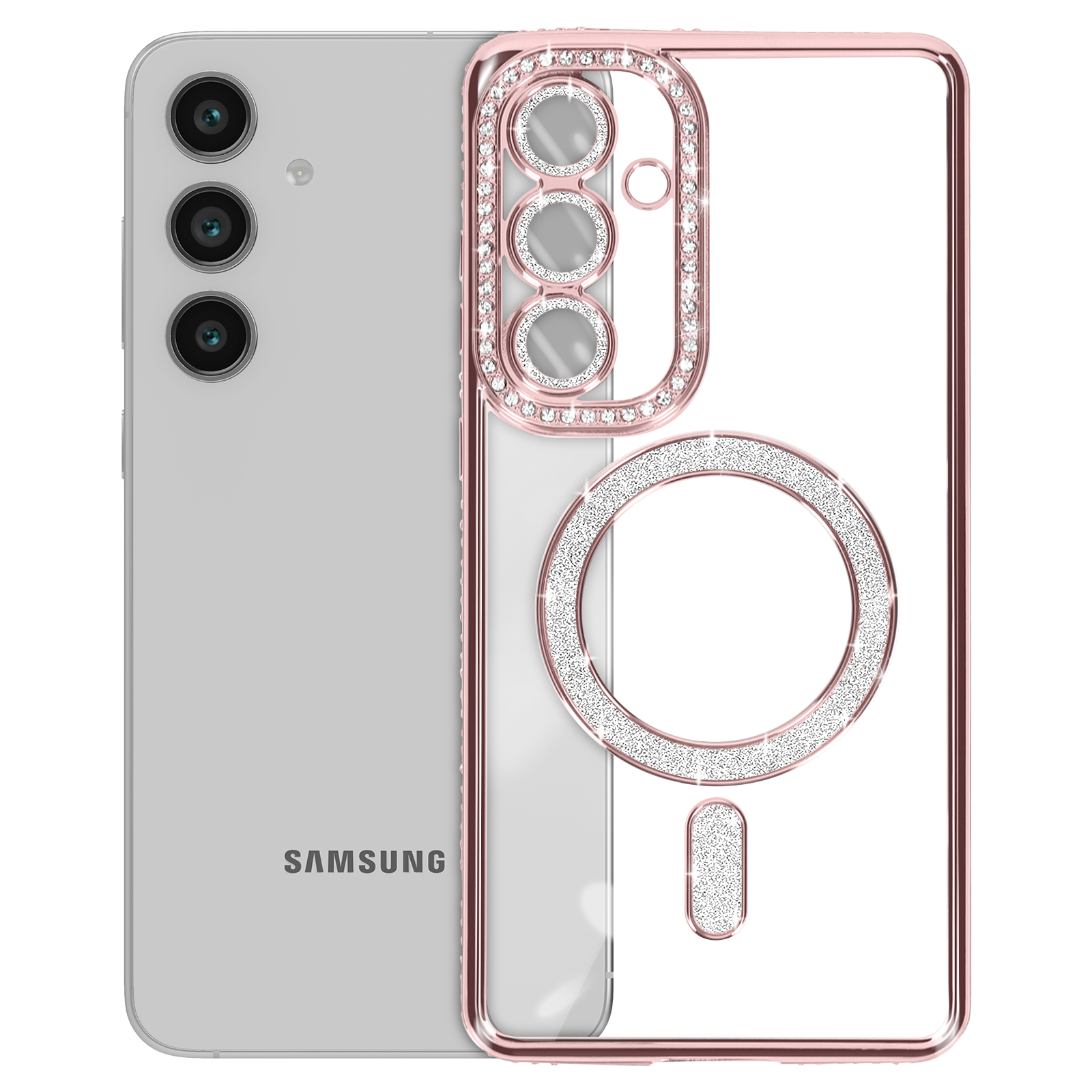 Un telefono Samsung con una custodia oro rosa, strass e base di ricarica.