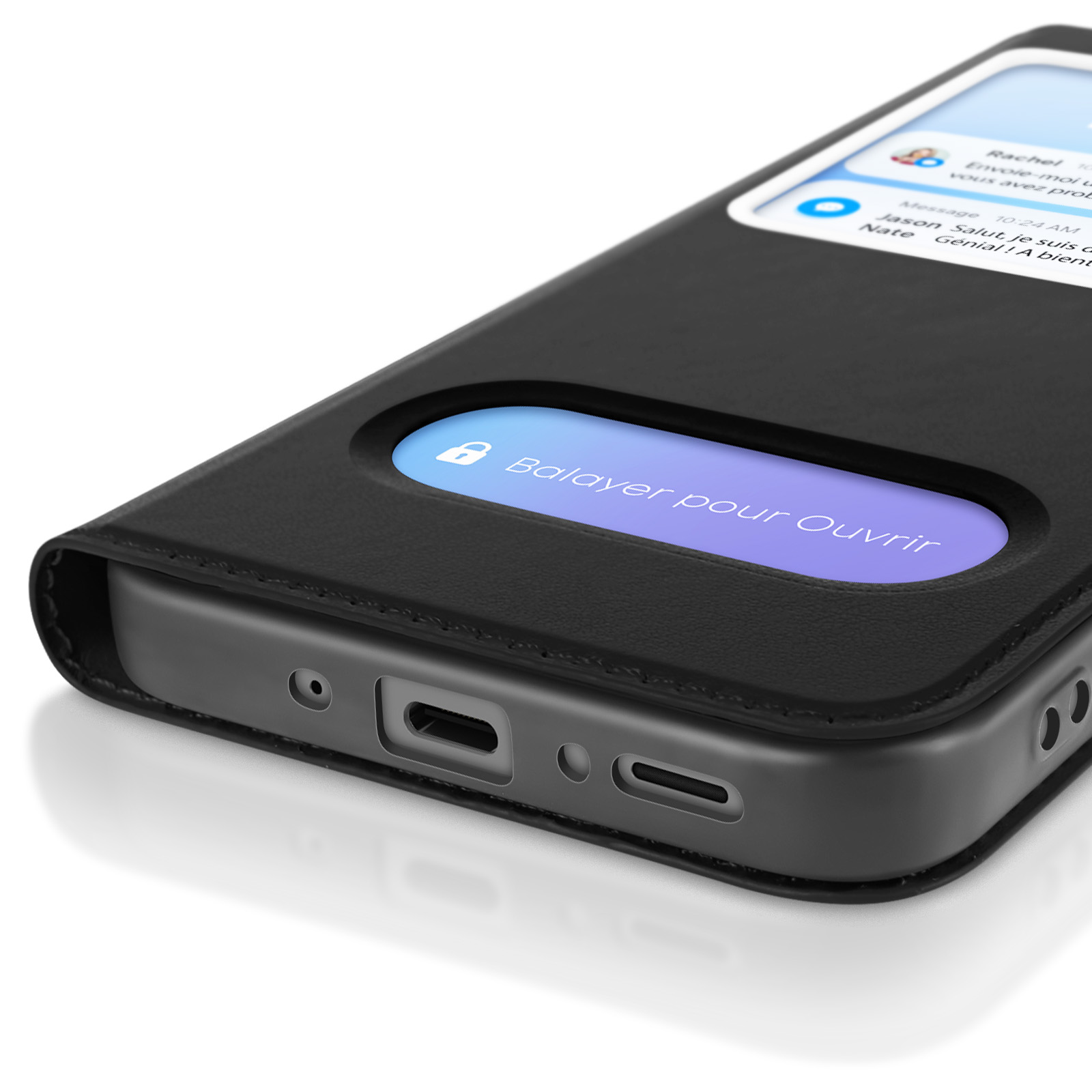 Custodia per telefono nera con uno schermo che mostra una notifica e il testo 'Balayer pour Ouvrir'.