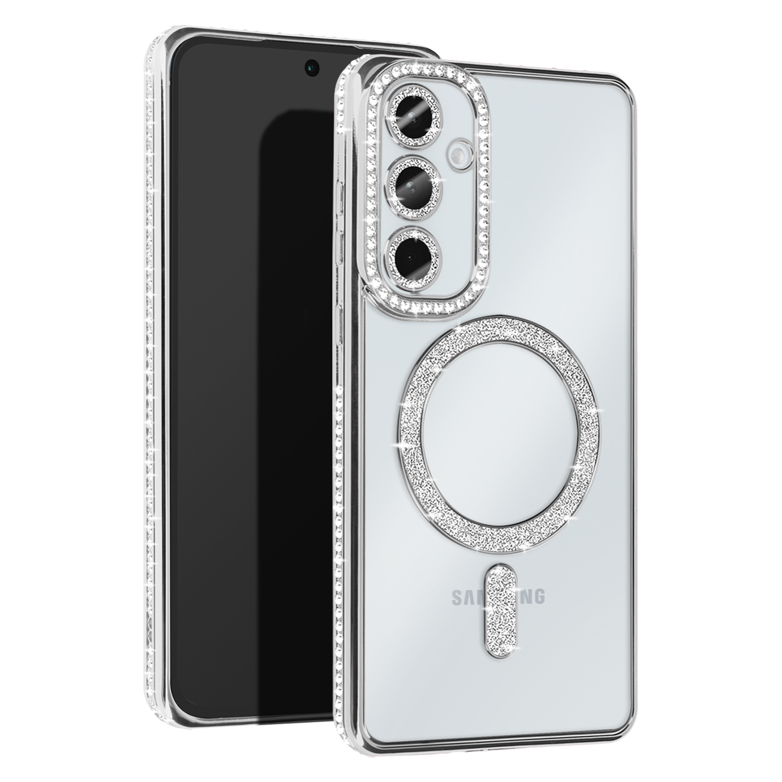 Custodia trasparente per telefono con strass. Retro del telefono con fotocamera, bling sui bordi.