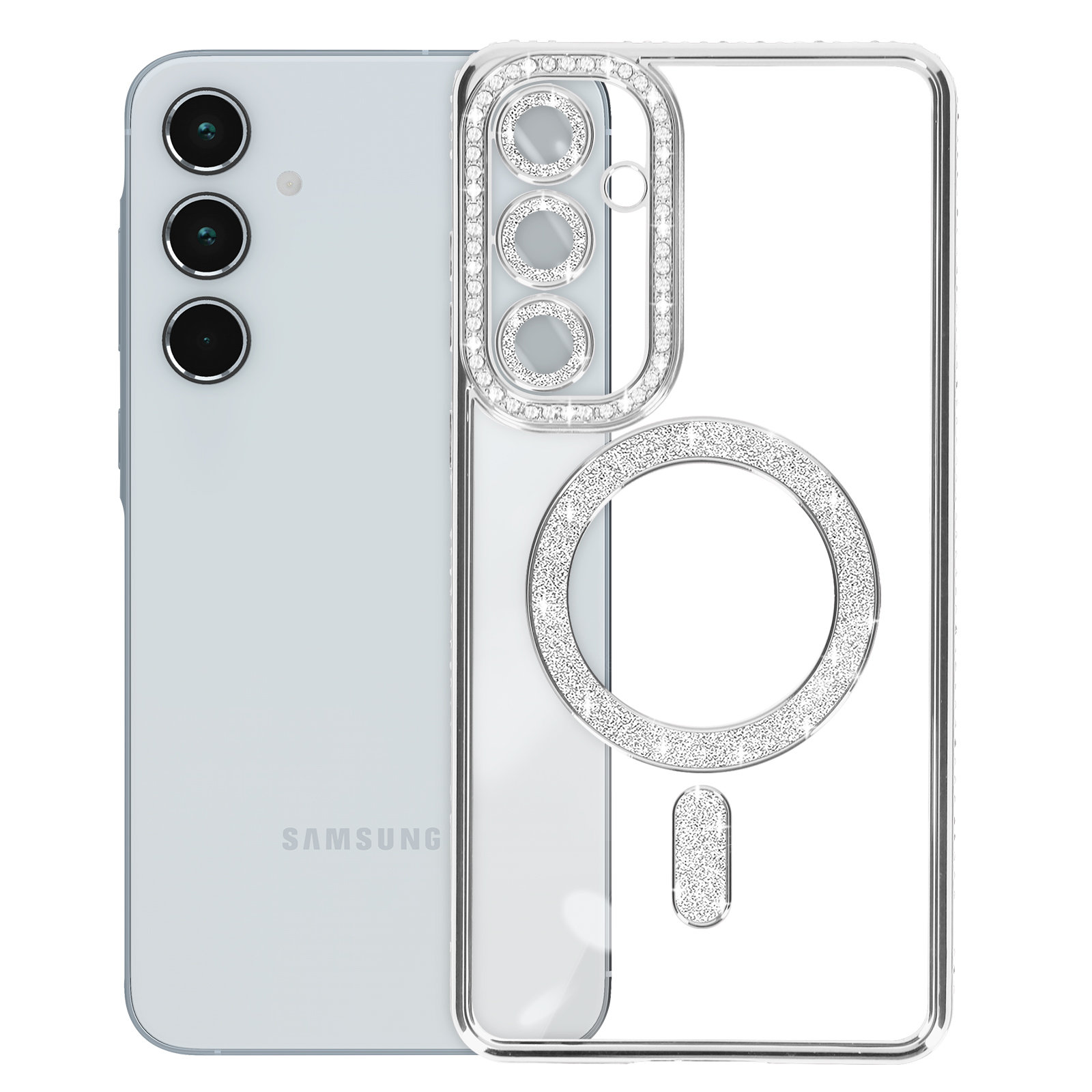 Custodia trasparente con dettagli diamantati, telefono argento e fotocamera a tre lenti.