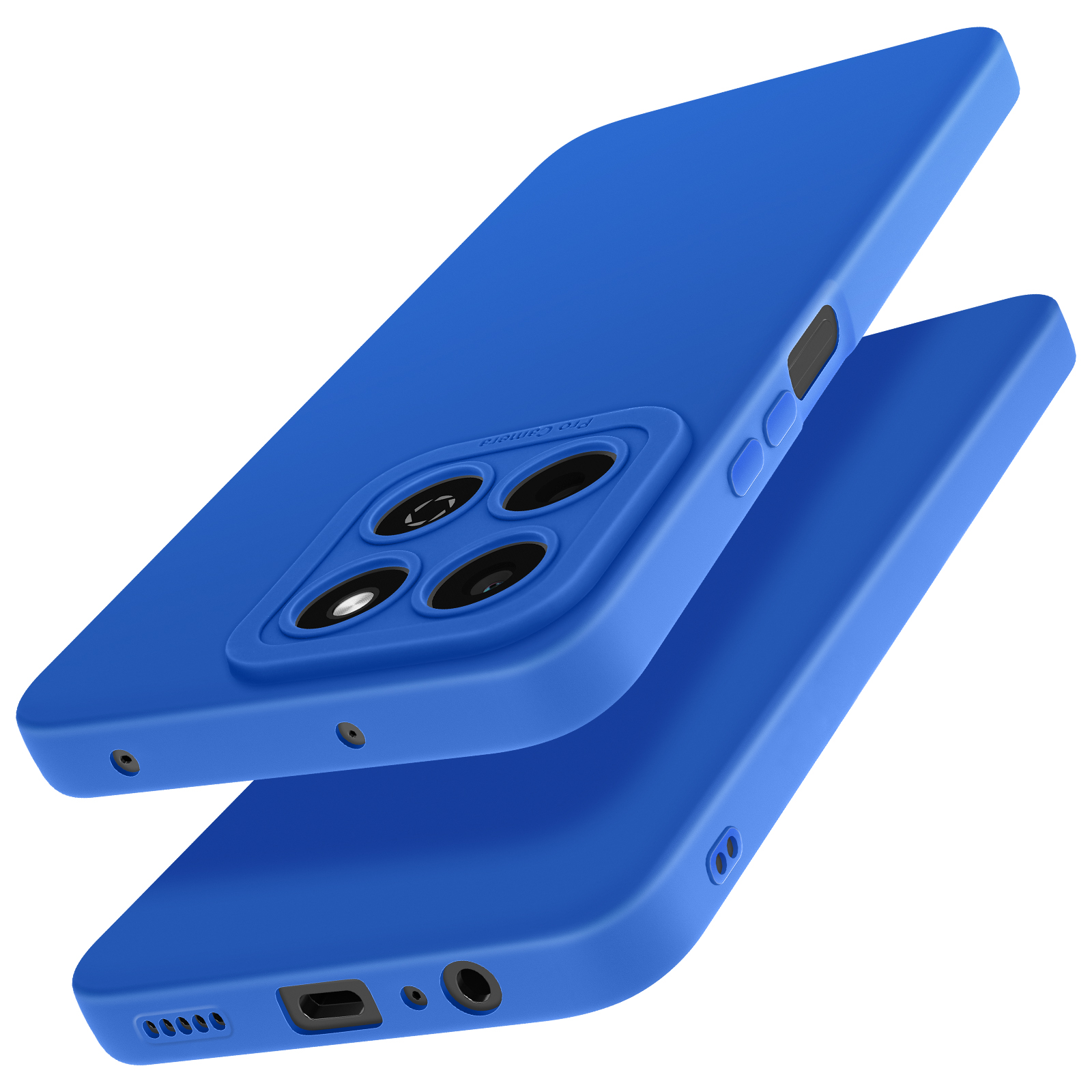 Custodie per telefono blu. Una impilata sull'altra. Fotocamera e altre porte sono visibili.
