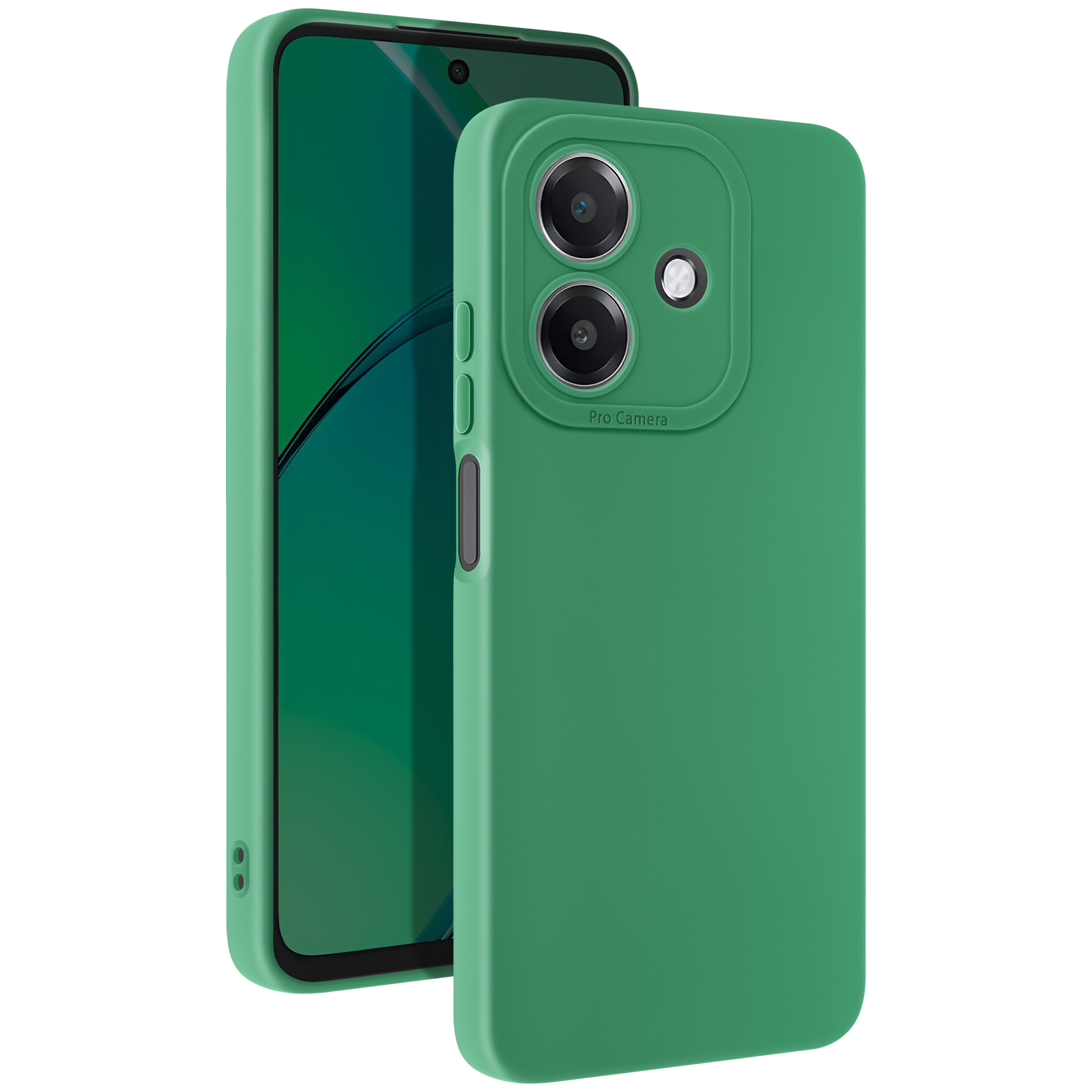 Custodia verde con telefono verde, che mostra la fotocamera e il design del telefono.