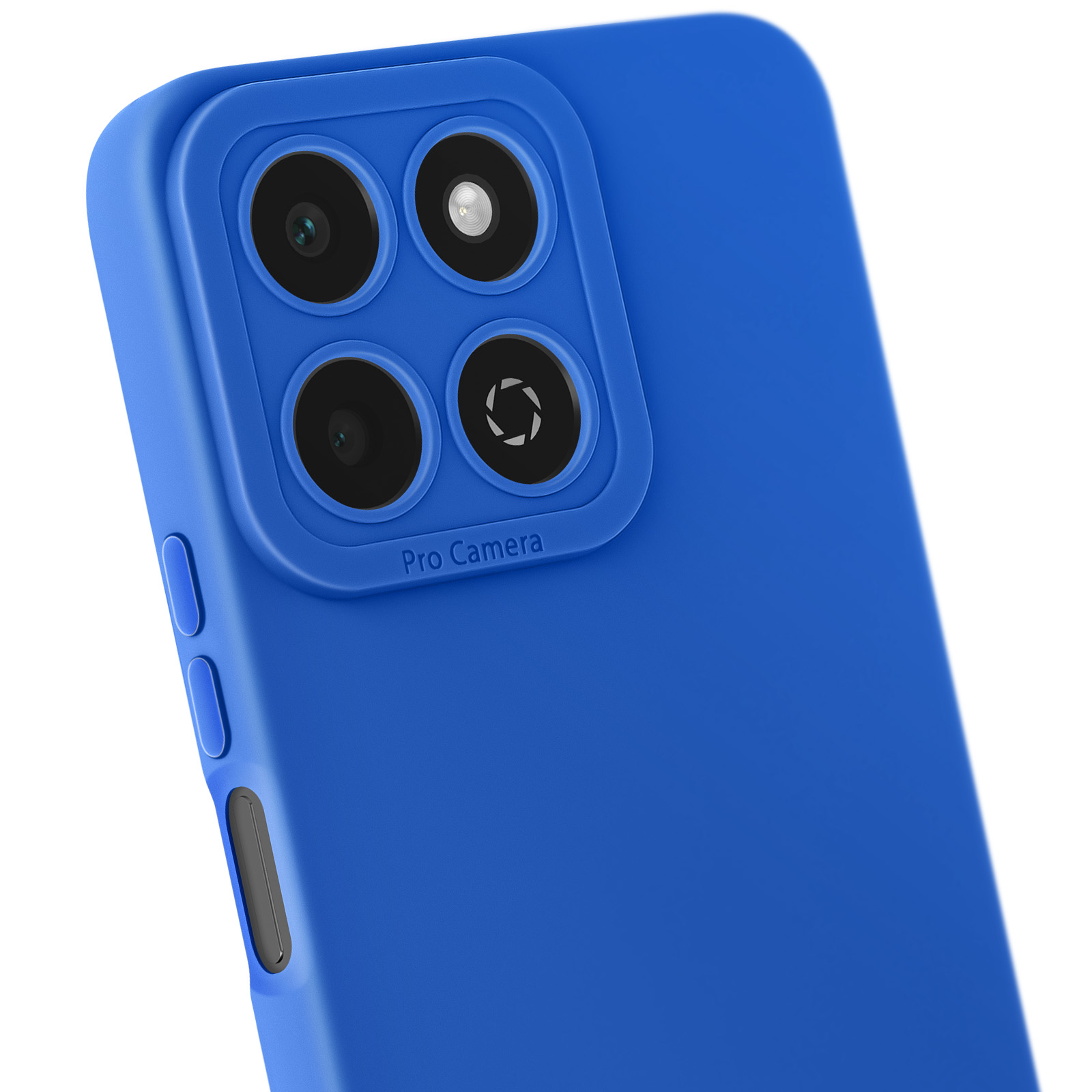 Custodia per telefono blu con dettagli della fotocamera visibili. Etichetta Pro Camera stampata.