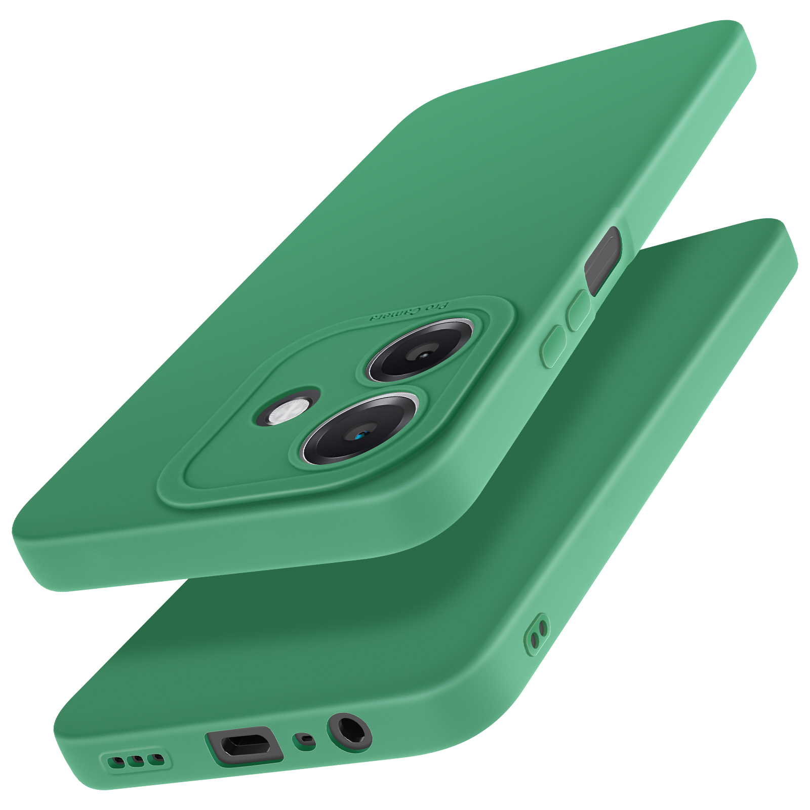 Custodie per telefono verdi. Una impilata sull'altra. Fotocamera e porte visibili.