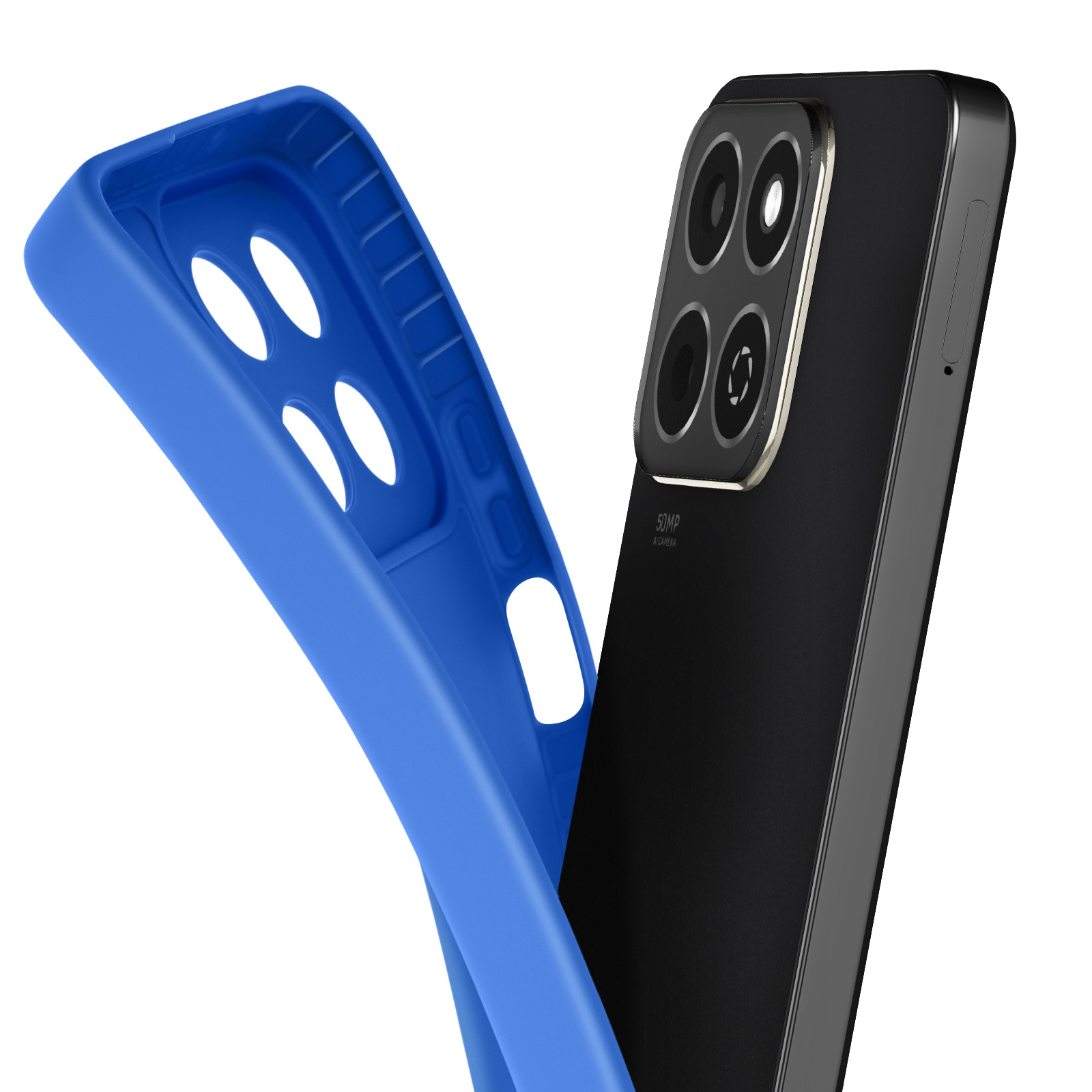 Custodia blu con un telefono nero, che mostra la fotocamera e il design del telefono.