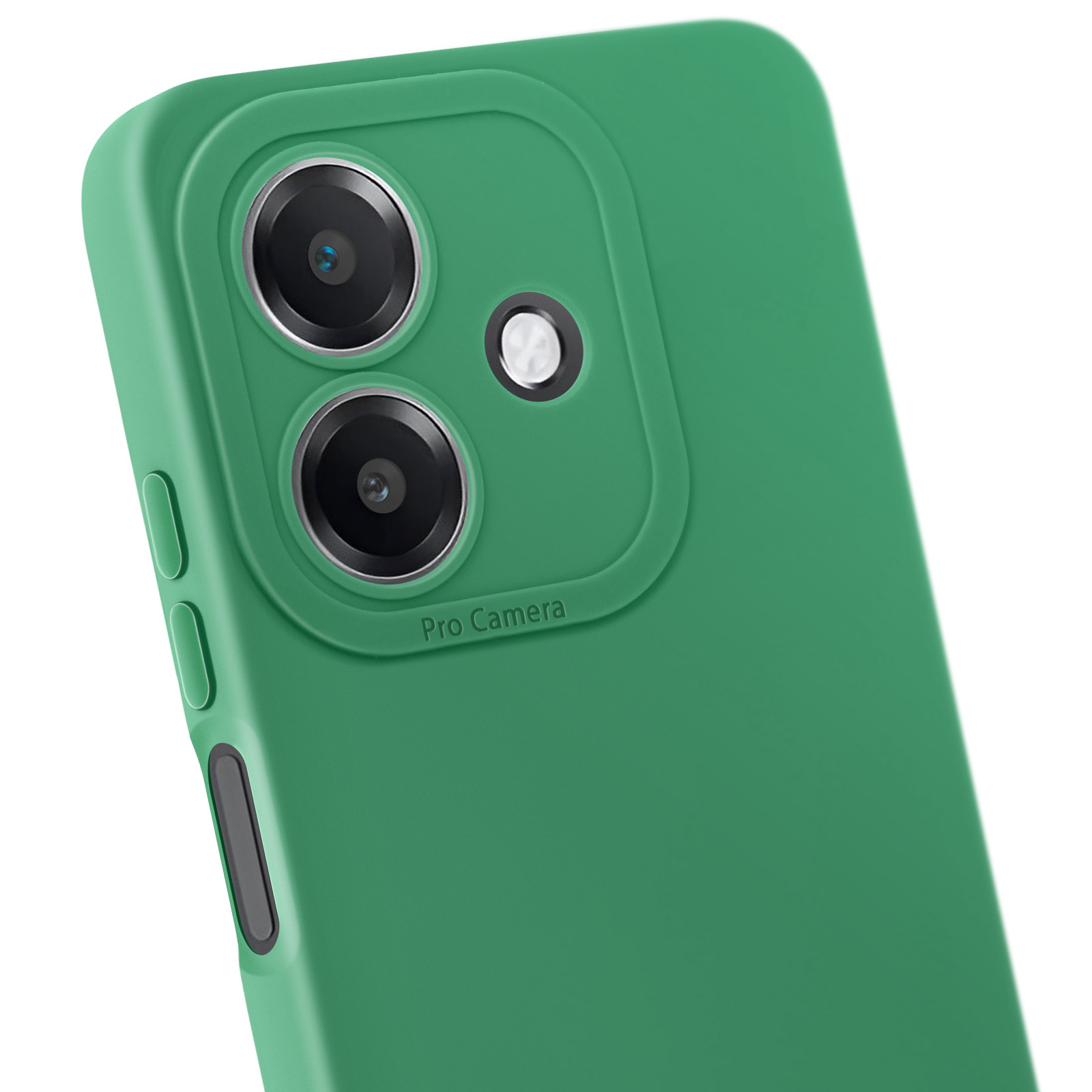 Custodia per telefono verde con dettagli della fotocamera. Etichetta Pro Camera stampata.
