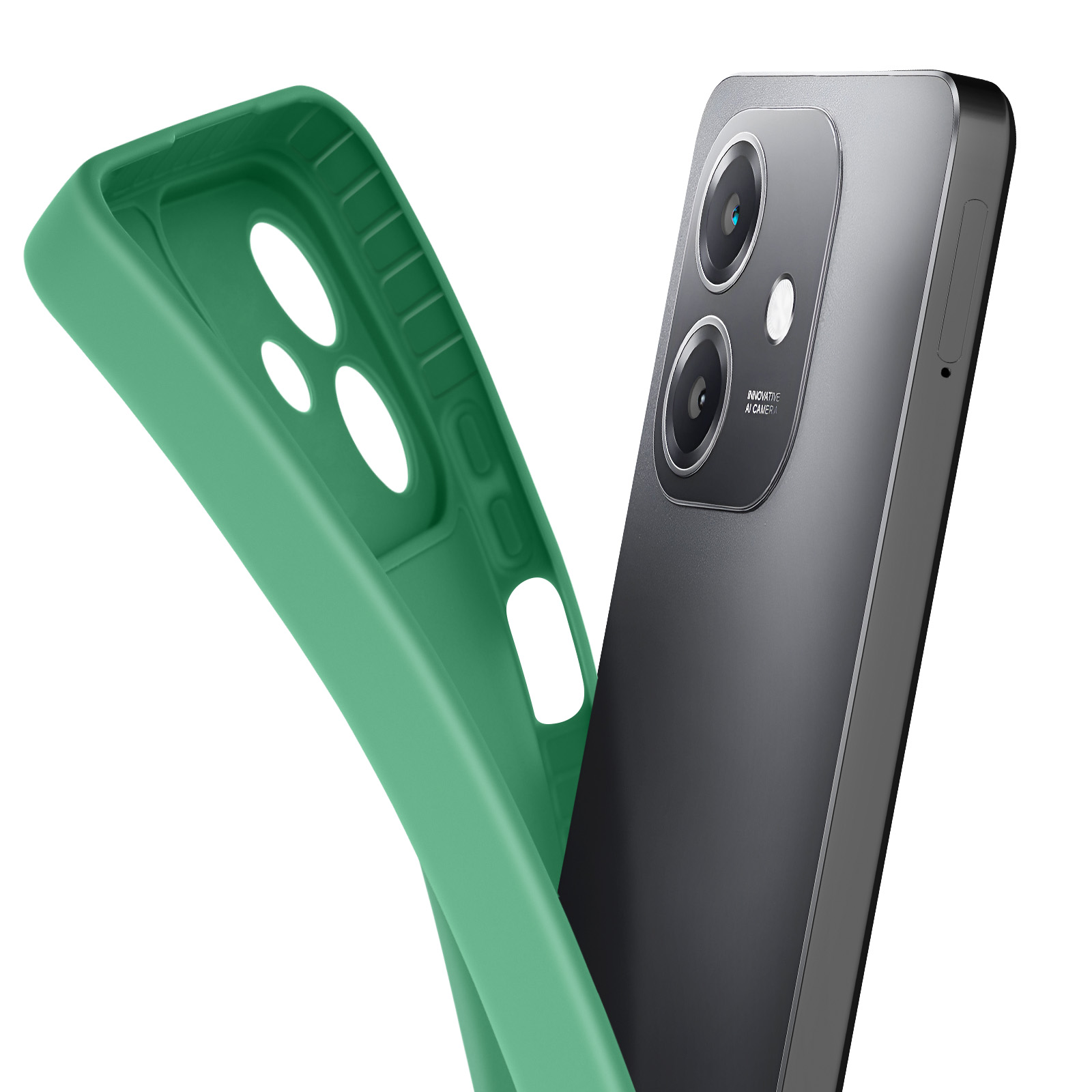 Custodia verde con un telefono, che mostra la fotocamera e il design del telefono.