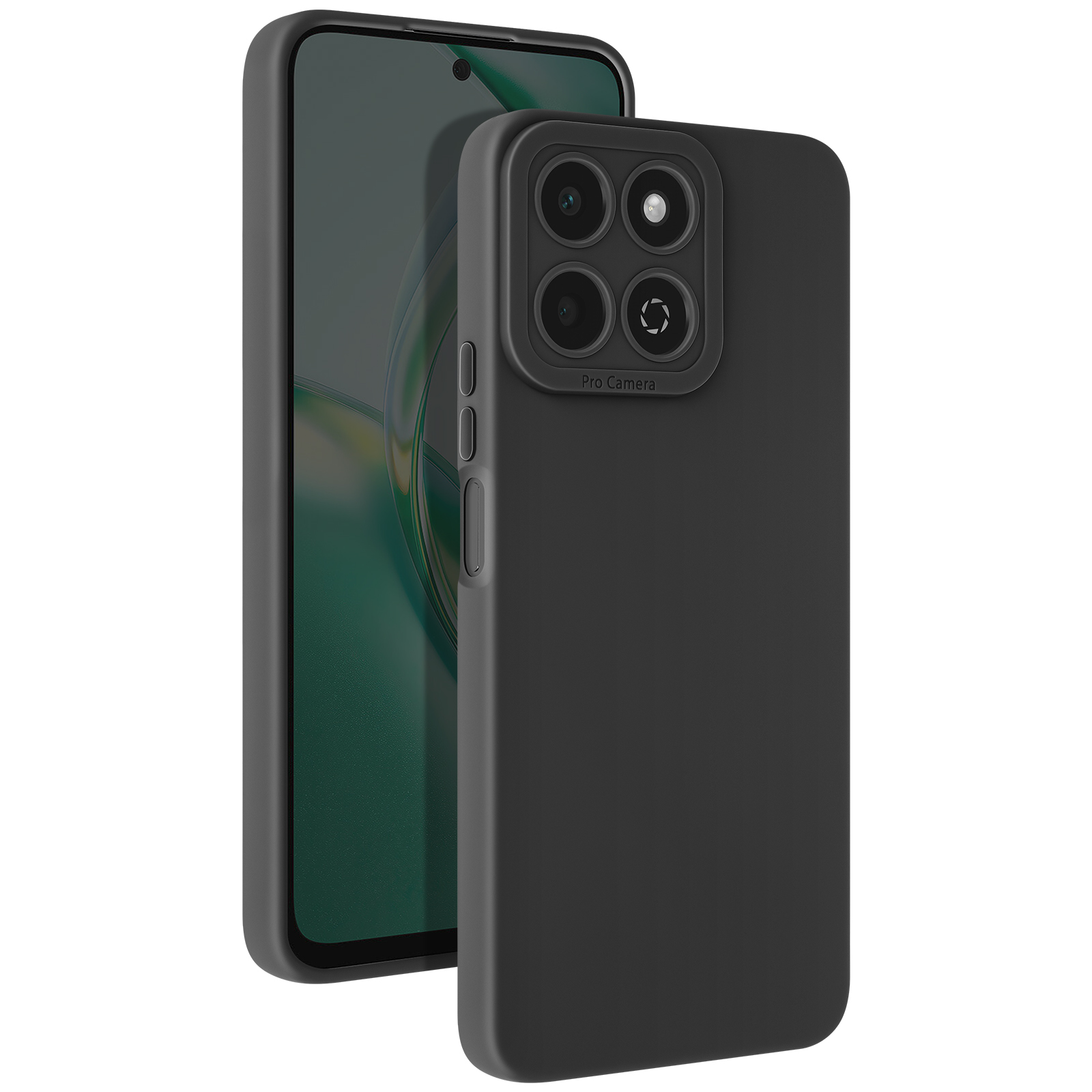 Custodia per telefono nera con telefono all'interno. Quattro fotocamere visibili. Etichetta Pro Camera.