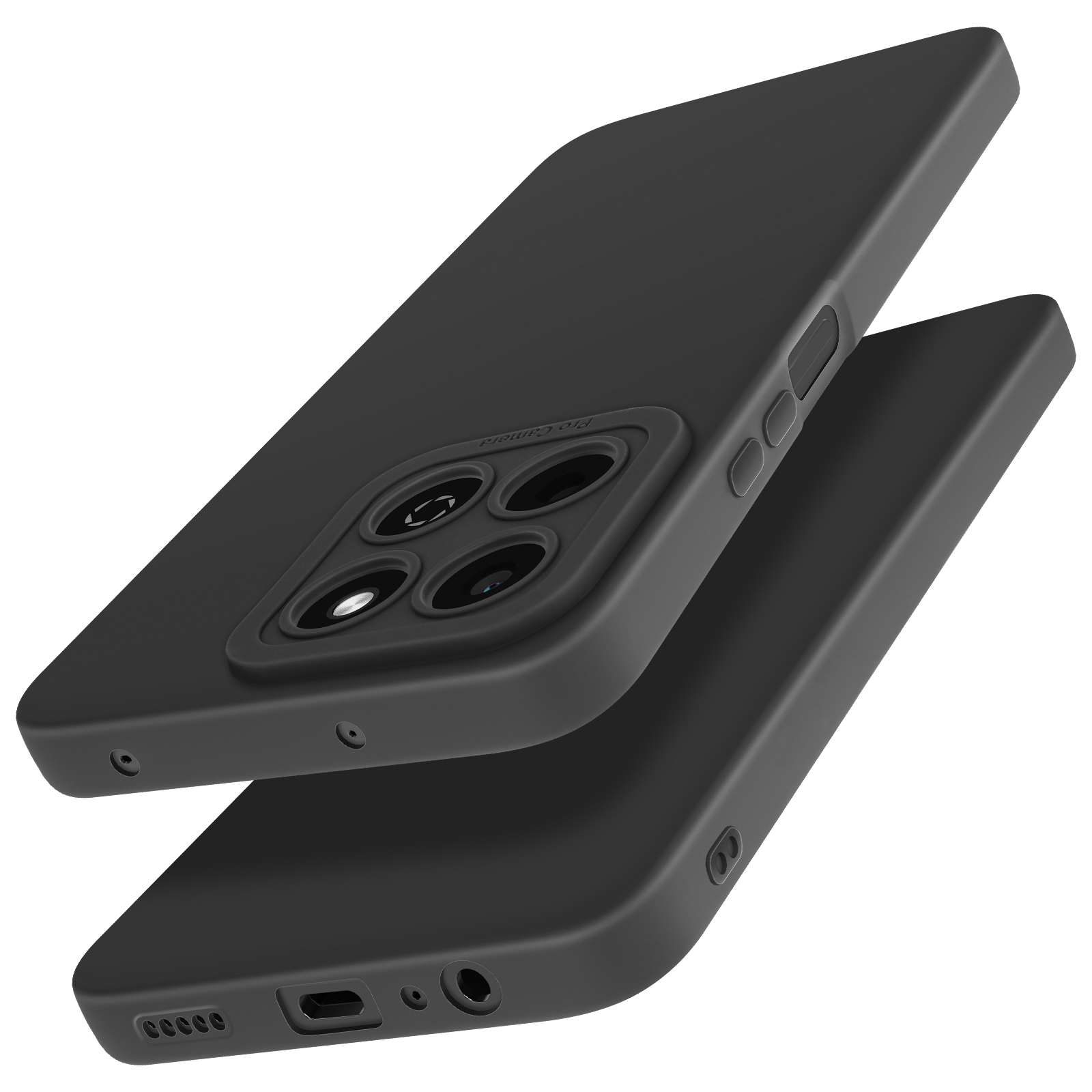 Custodia nera con un telefono, che mostra la fotocamera e il design del telefono.