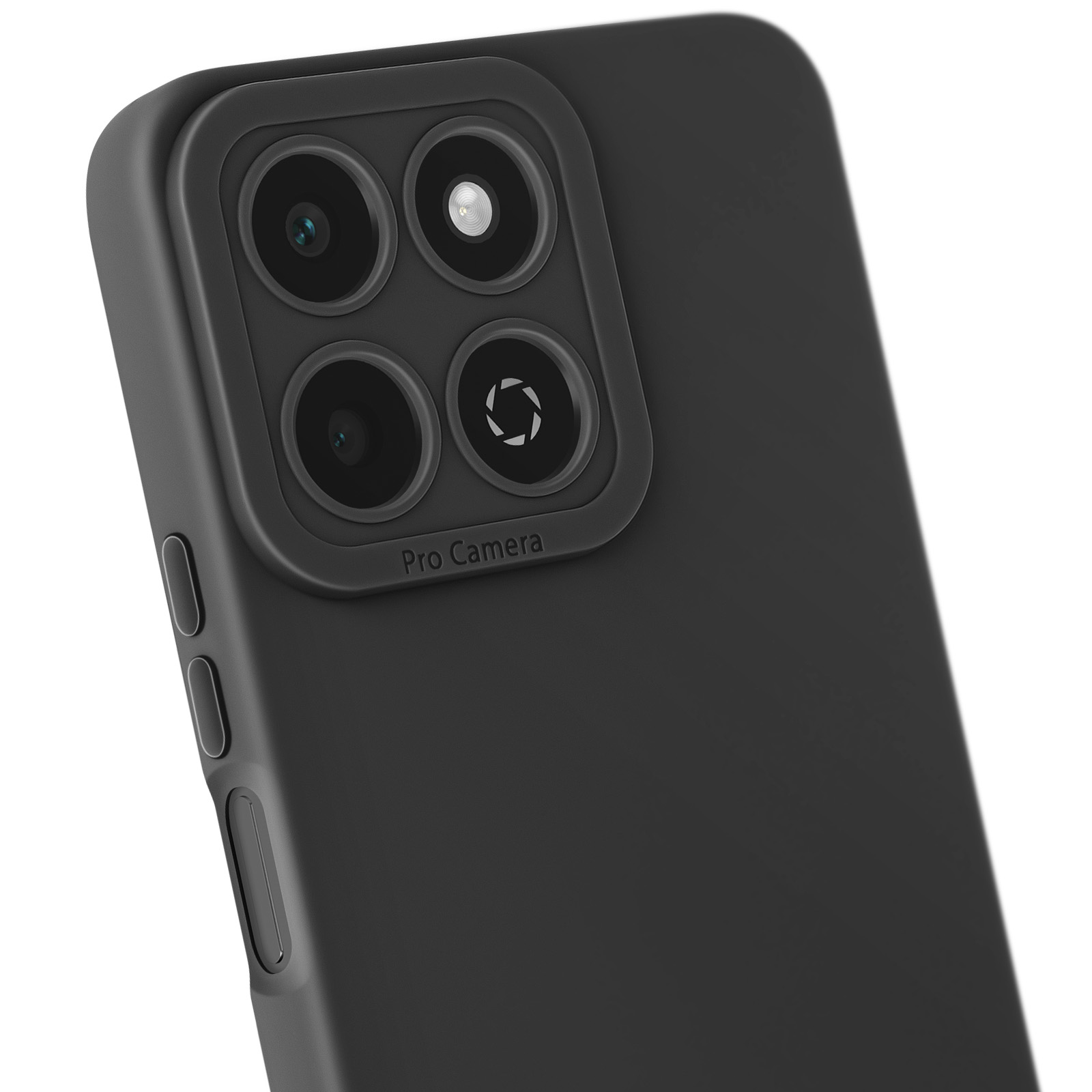 Primo piano di una custodia per telefono nera con dettagli della fotocamera. Quattro fotocamere visibili.