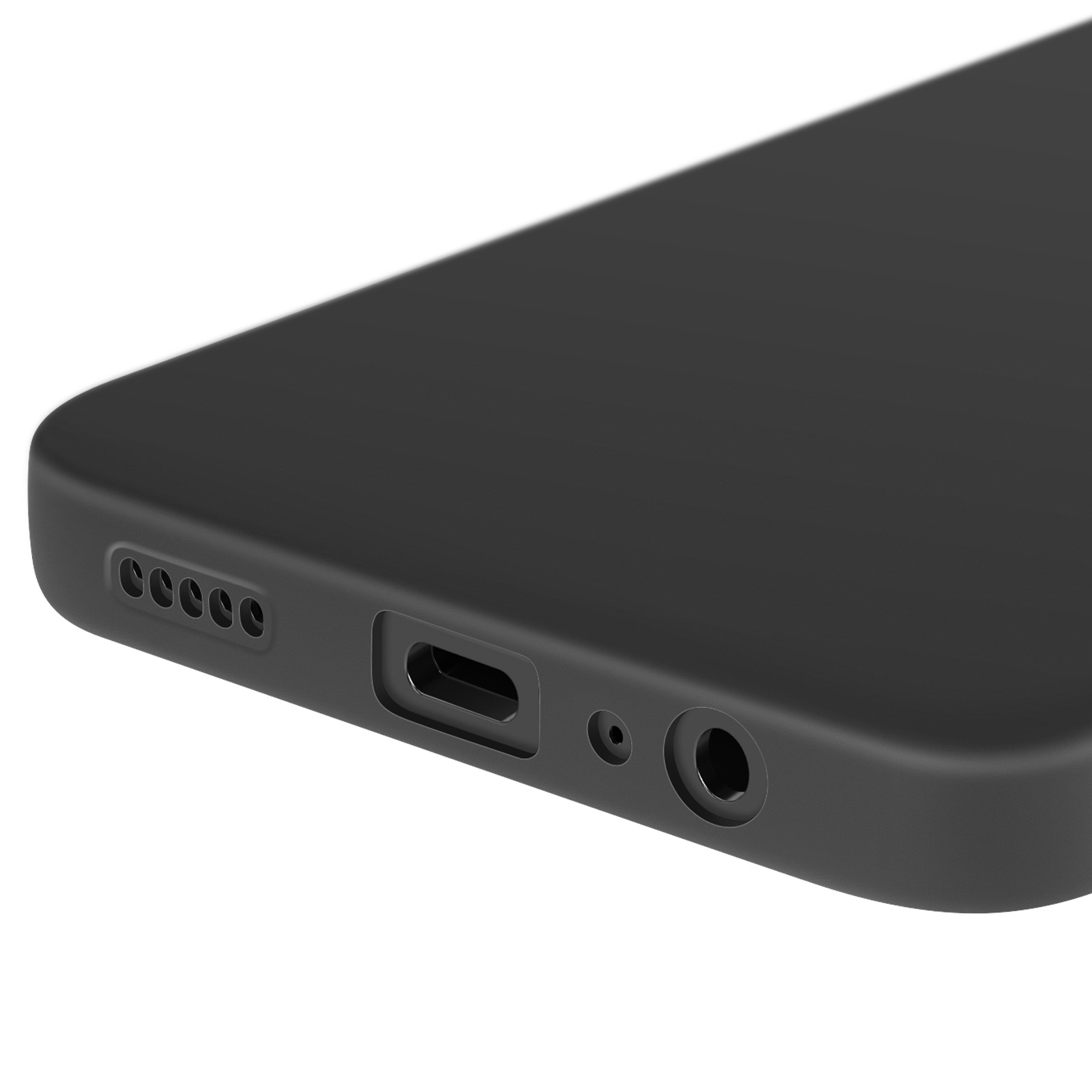 Primo piano del bordo inferiore di un telefono nero che mostra fori per altoparlanti, porta di ricarica e jack.