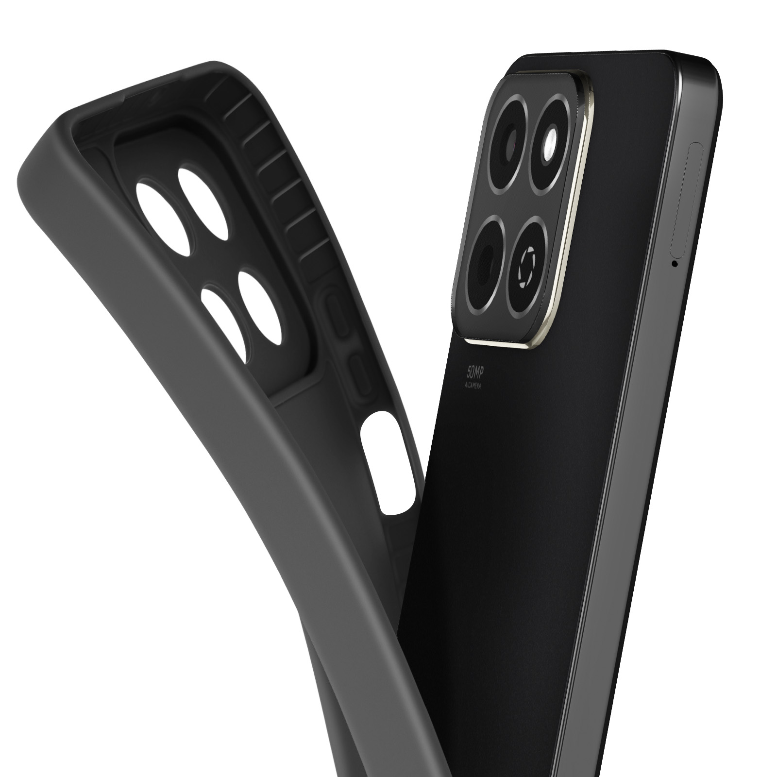 Telefono nero con custodia grigia staccata. La custodia ha ritagli per la fotocamera e i pulsanti laterali.