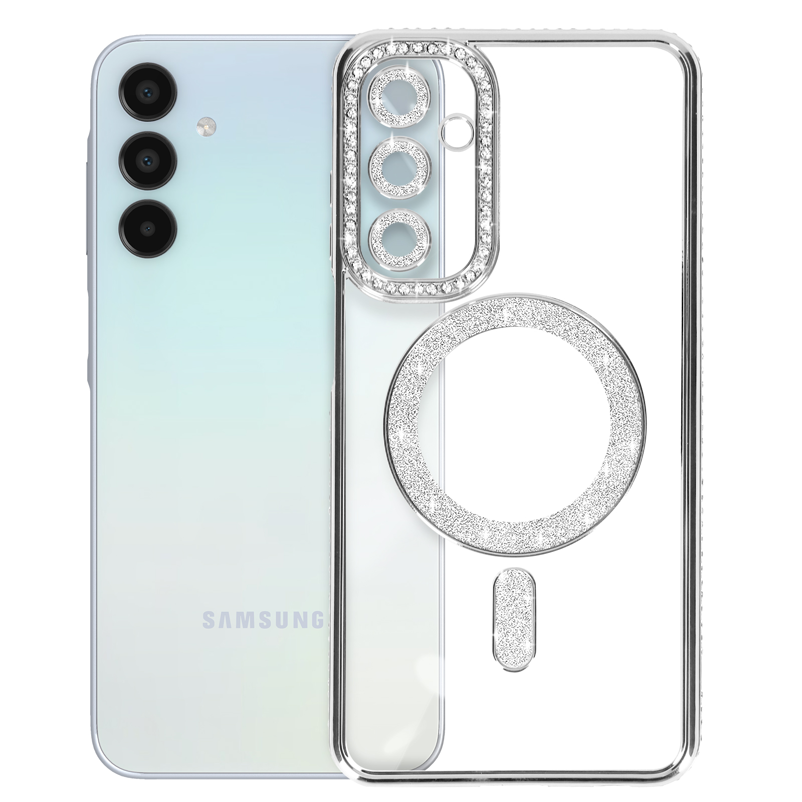 Custodia trasparente per telefono con strass. Retro del telefono con fotocamera, bling sui bordi.