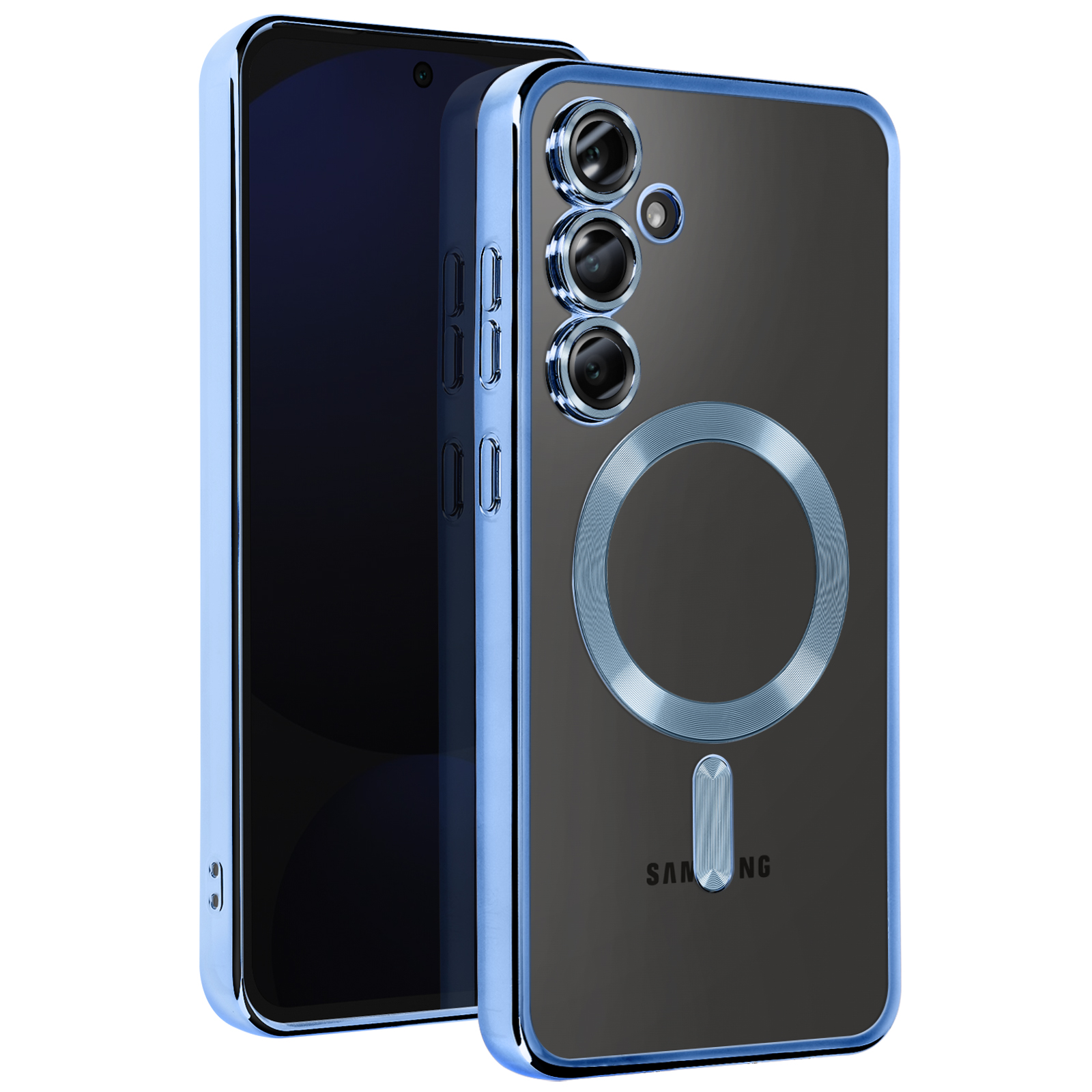 Custodia per telefono con cornice blu e retro trasparente. Presenta un anello e il logo Samsung.