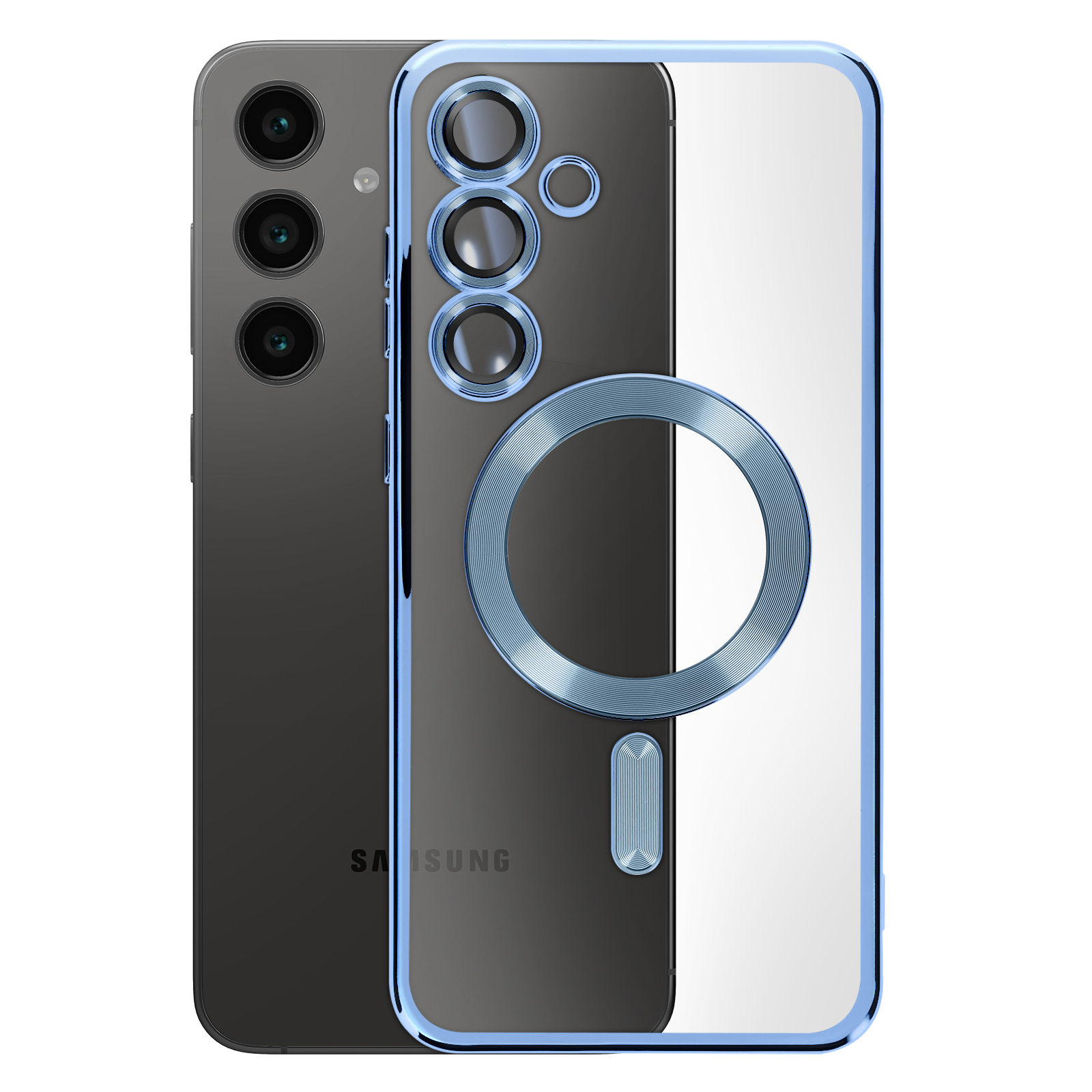 Telefono con custodia con cornice blu. La custodia ha un anello e un logo Samsung sul retro.