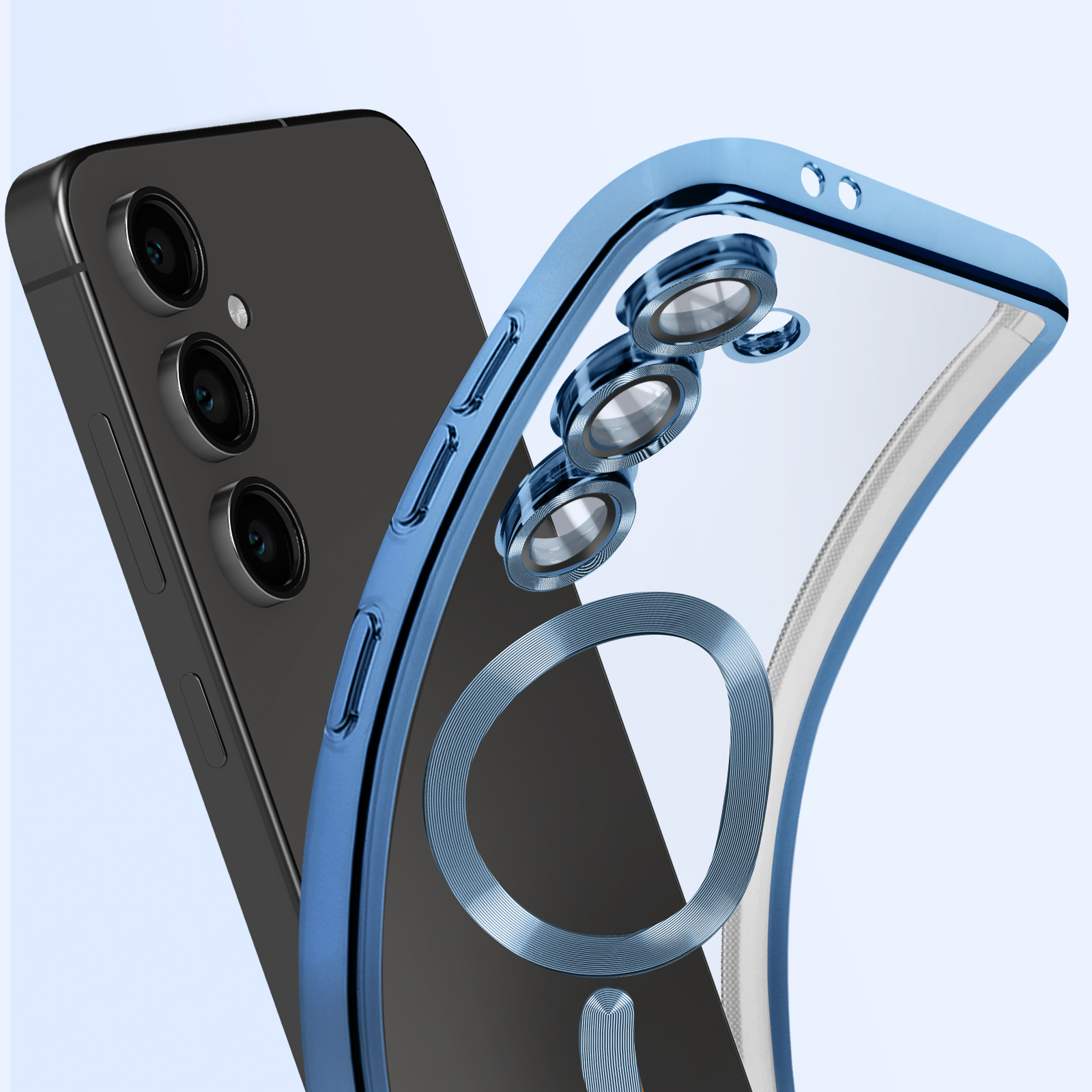 Telefono con custodia trasparente con cornice blu. La custodia ha un anello attorno alle fotocamere.