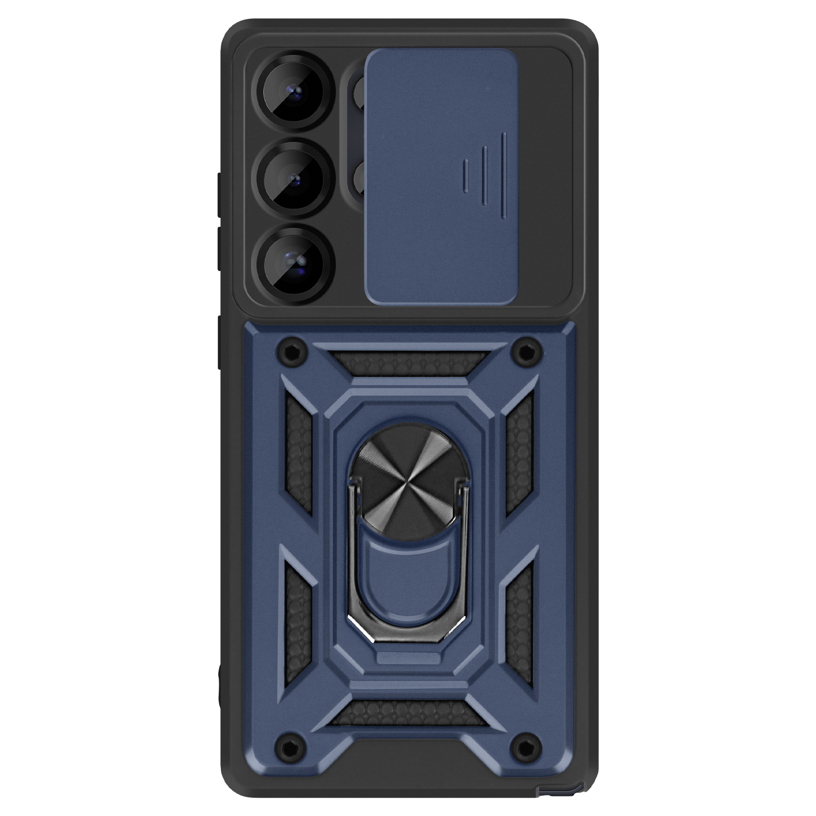 Custodia per telefono blu e nera con copertura scorrevole per fotocamera, design geometrico e supporto ad anello.