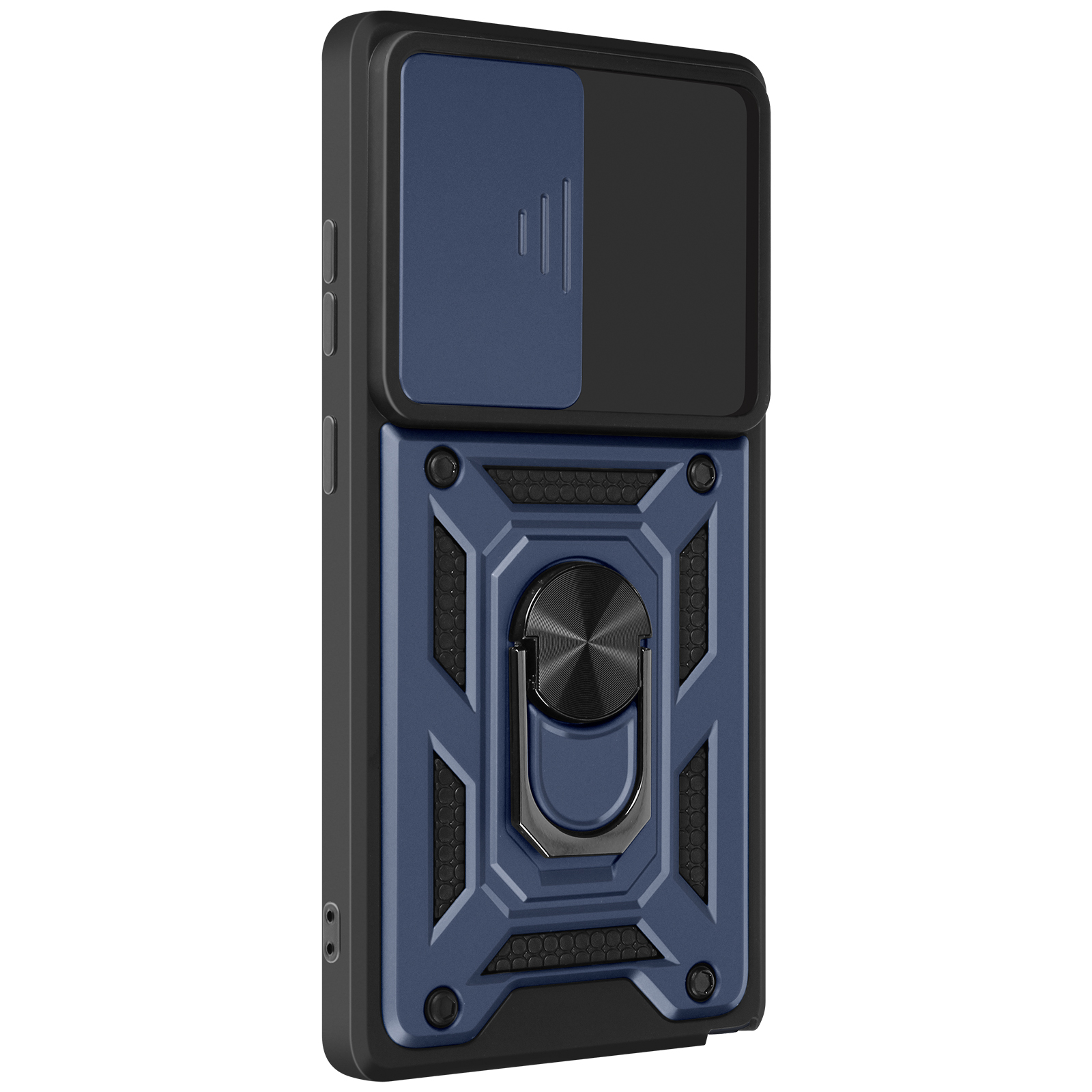 Una custodia per telefono blu e nera. Ha un cursore per le fotocamere e un anello di supporto.