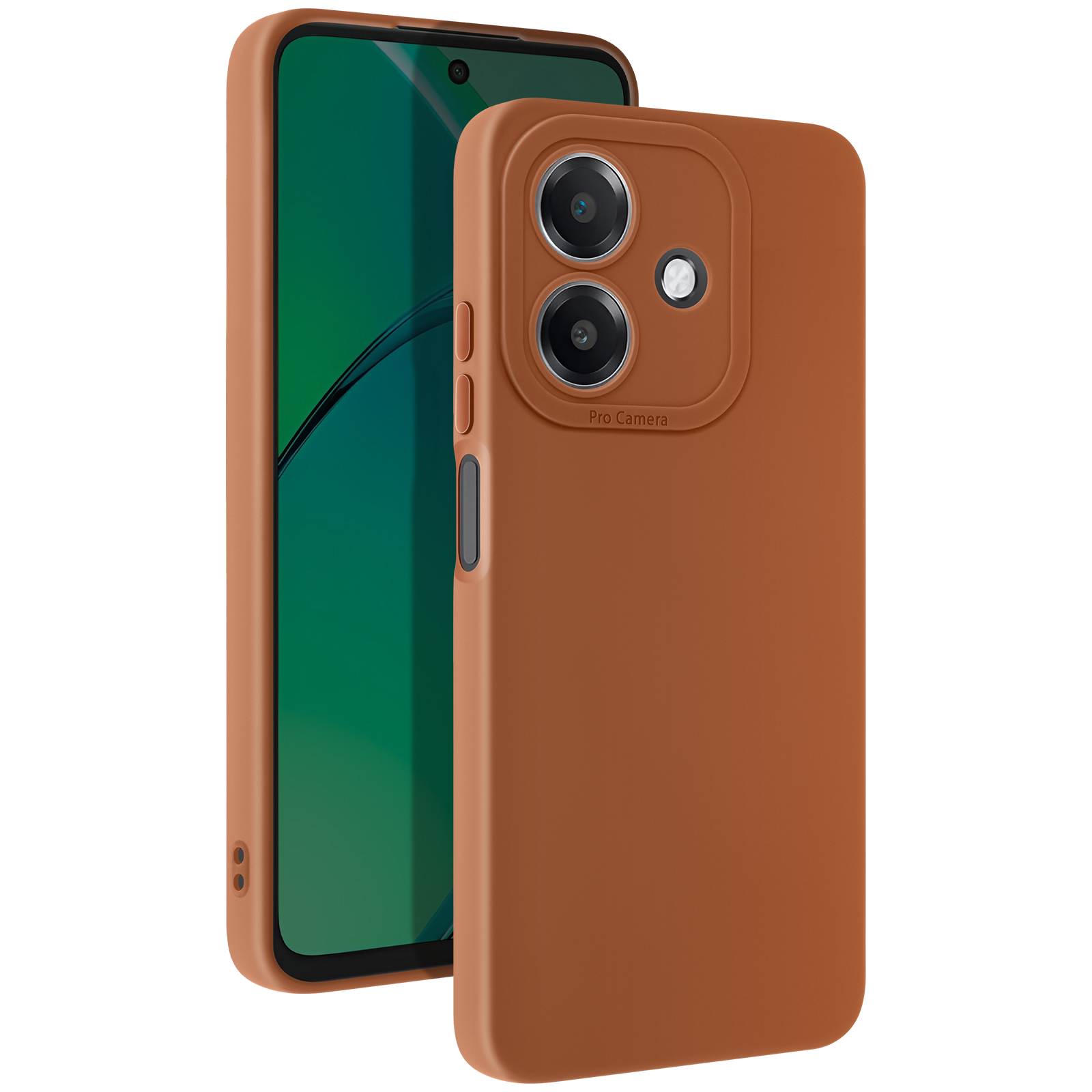 Custodia per telefono marrone con un ritaglio per la fotocamera.