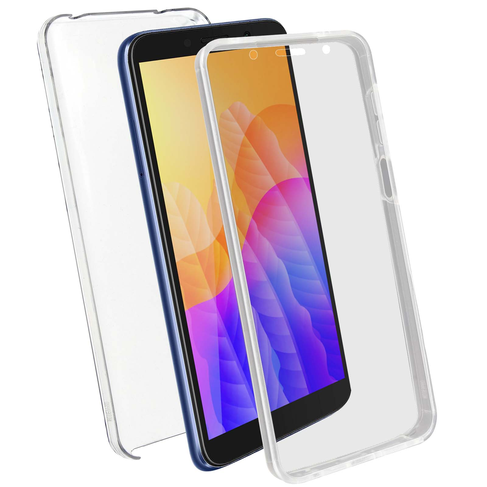 Transparante telefoonhoes met telefoon erin, afzonderlijke lagen tonen scherm en bescherming.