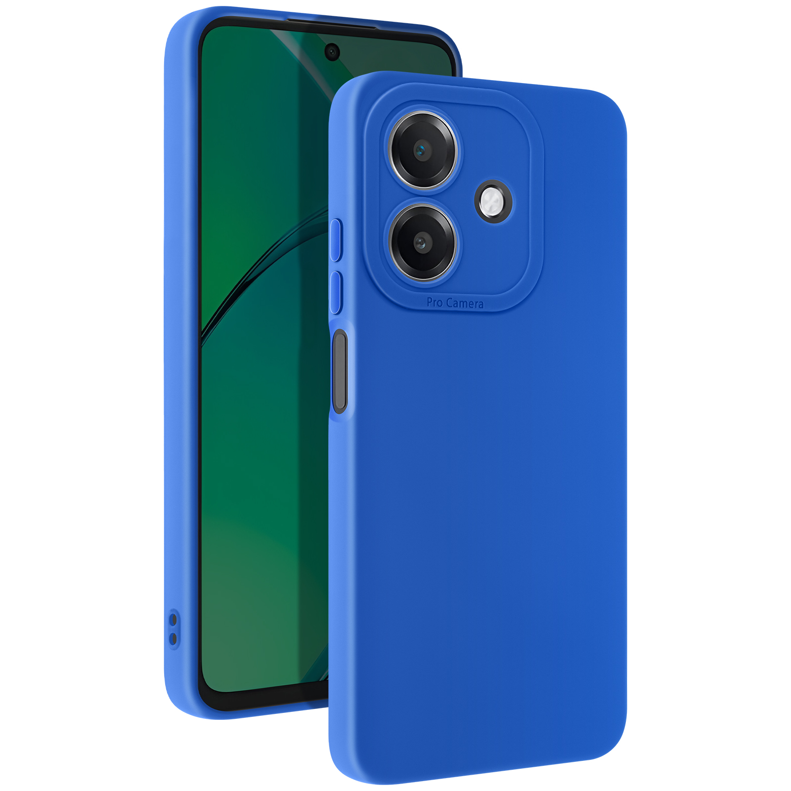 Custodia blu, che mostra un telefono con ritagli per la fotocamera e dettagli dei pulsanti, vista angolata.
