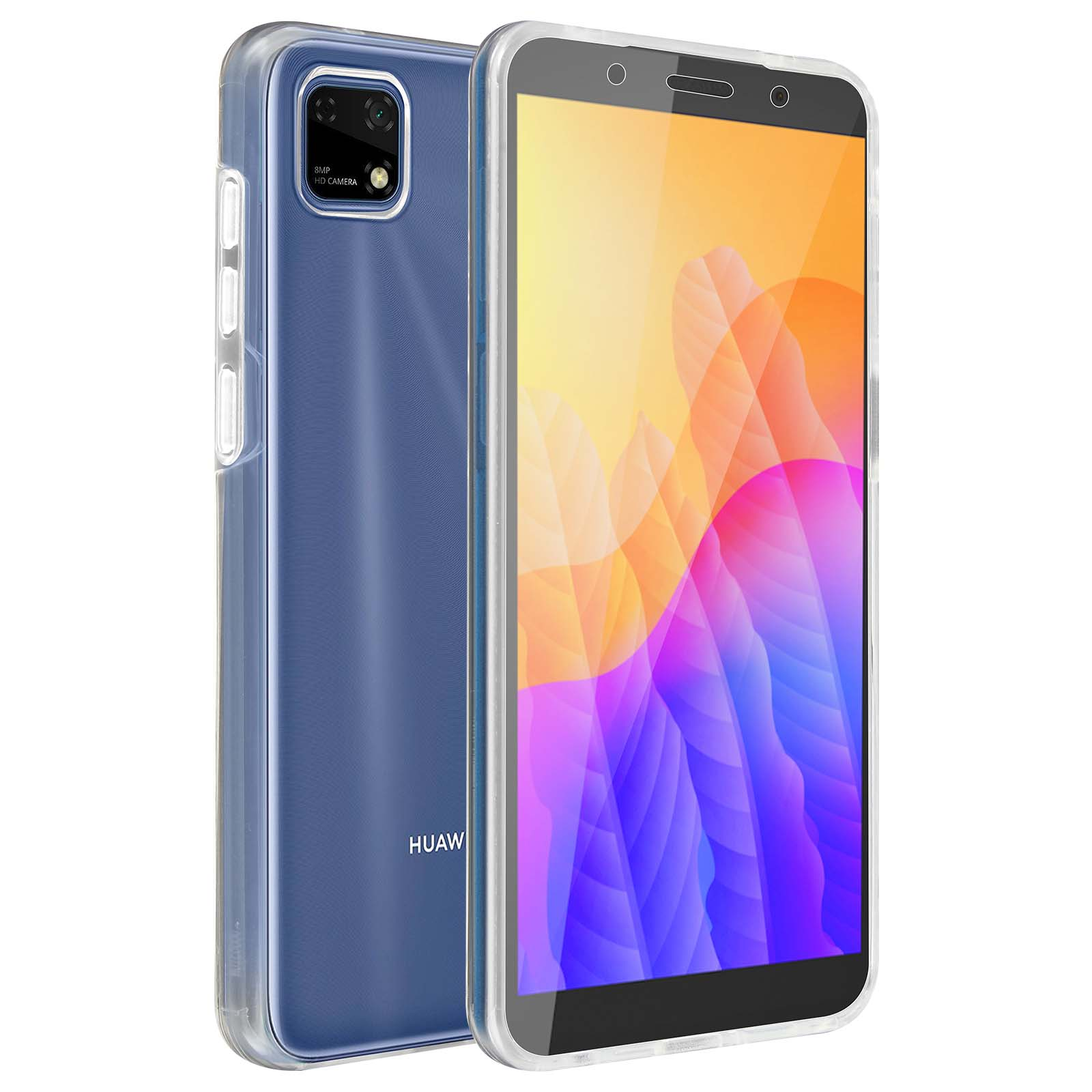 Een blauwe telefoon met een doorzichtige hoes. De hoes heeft een uitsparing voor de camera.