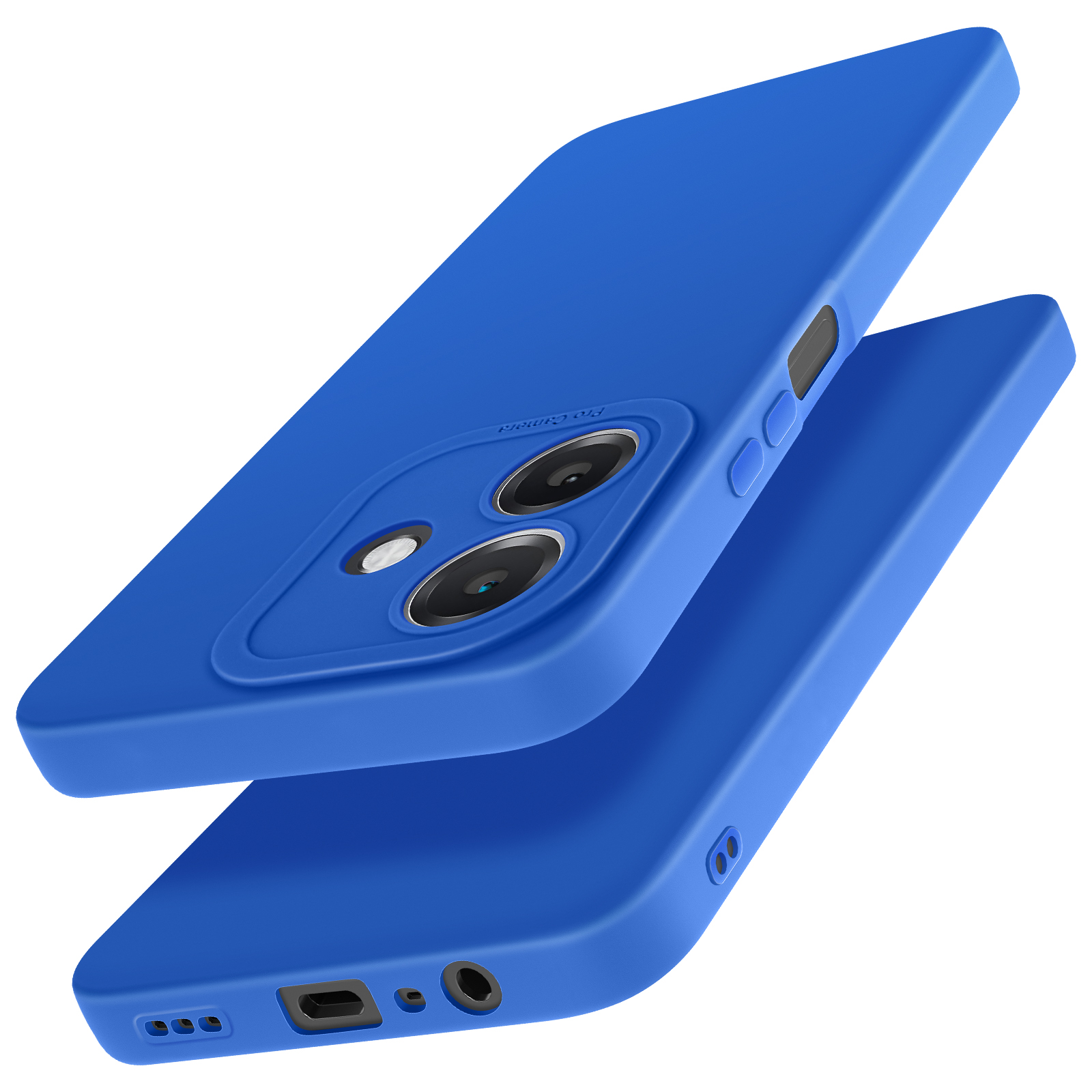 Due custodie blu, una sopra l'altra, che mostrano ritagli per la fotocamera e dettagli dei pulsanti.